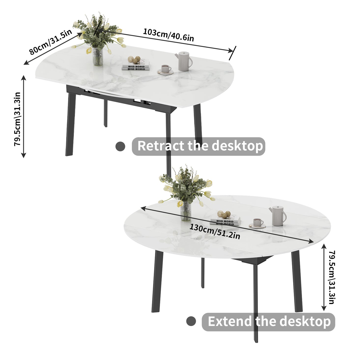 Round Extendable Dining Table 31.5'' to 51.2’'