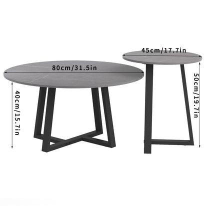 Set of 2 Round Sintered Stone Accent Coffee Tables, Grey Texture