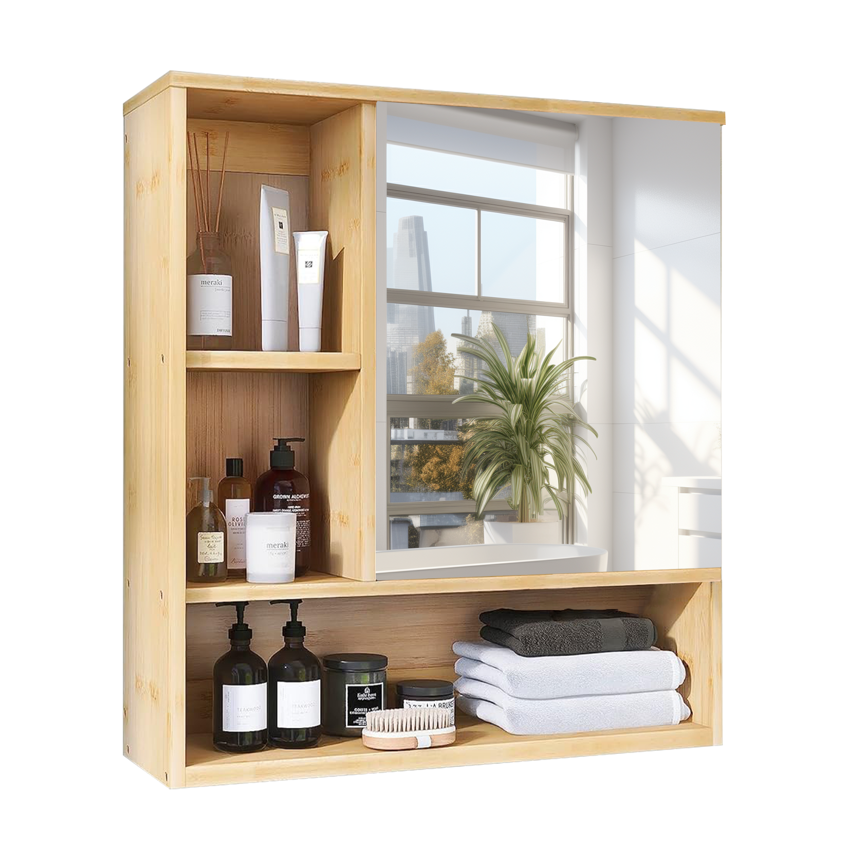 Bathroom Mirror Cabinet Wall Mounted Bamboo Medicine Cabinet Storage Stand