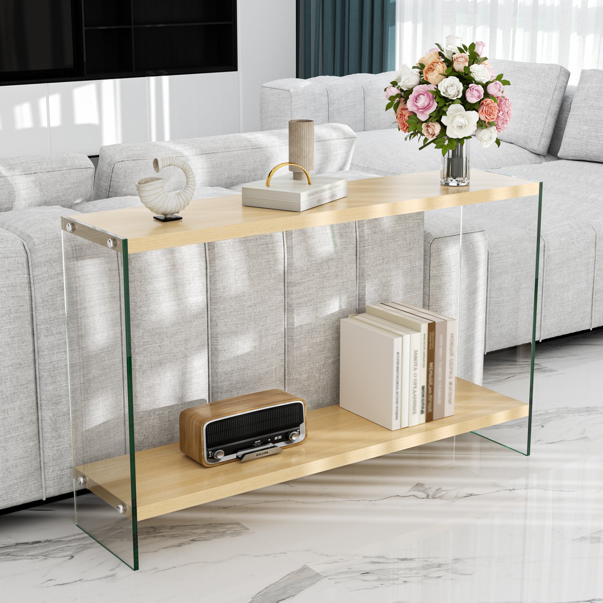 Rectangular Console Table Wood-finish MDF Sofa Side Storage Table Glass Frame