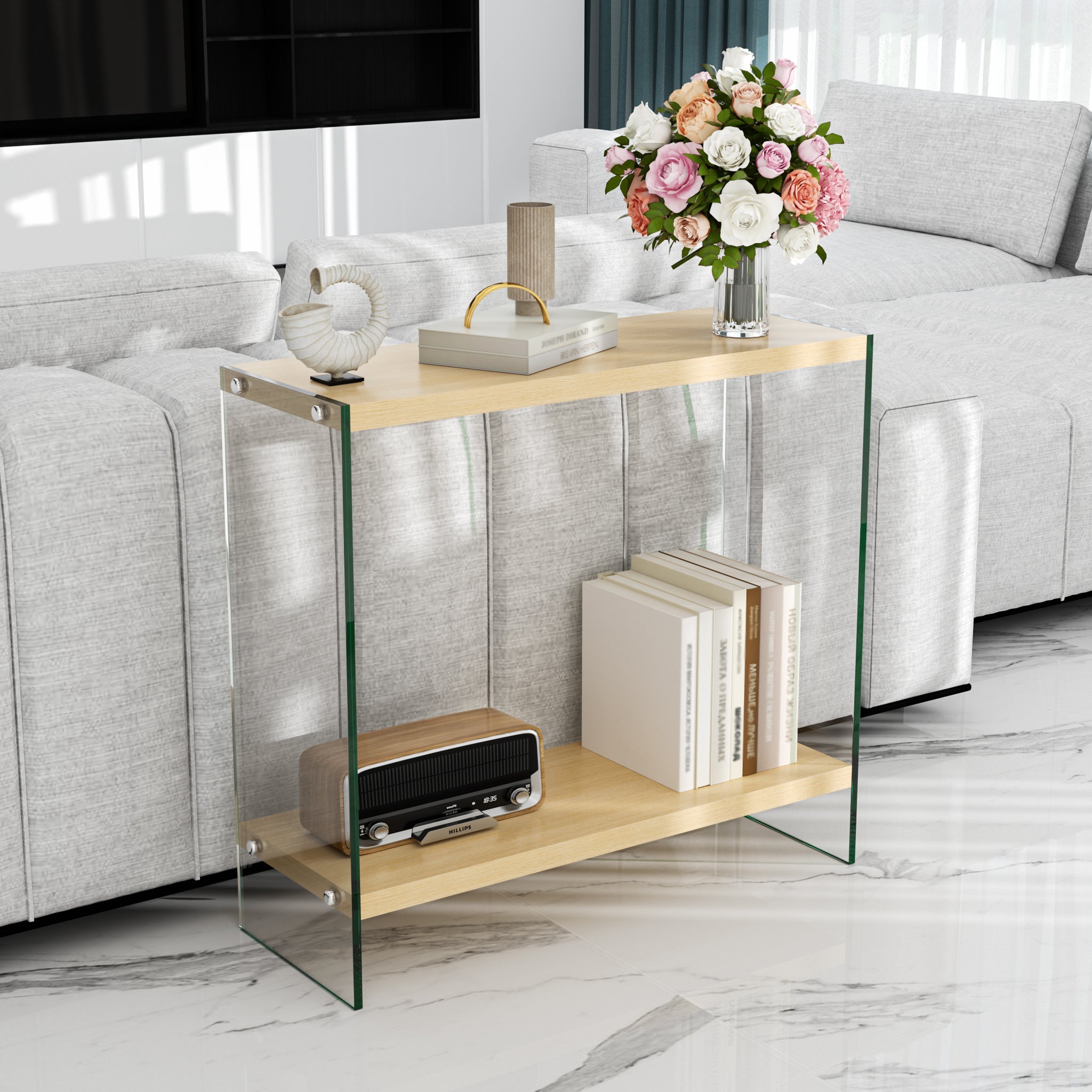 Rectangular Console Table Wood-finish MDF Sofa Side Storage Table Glass Frame