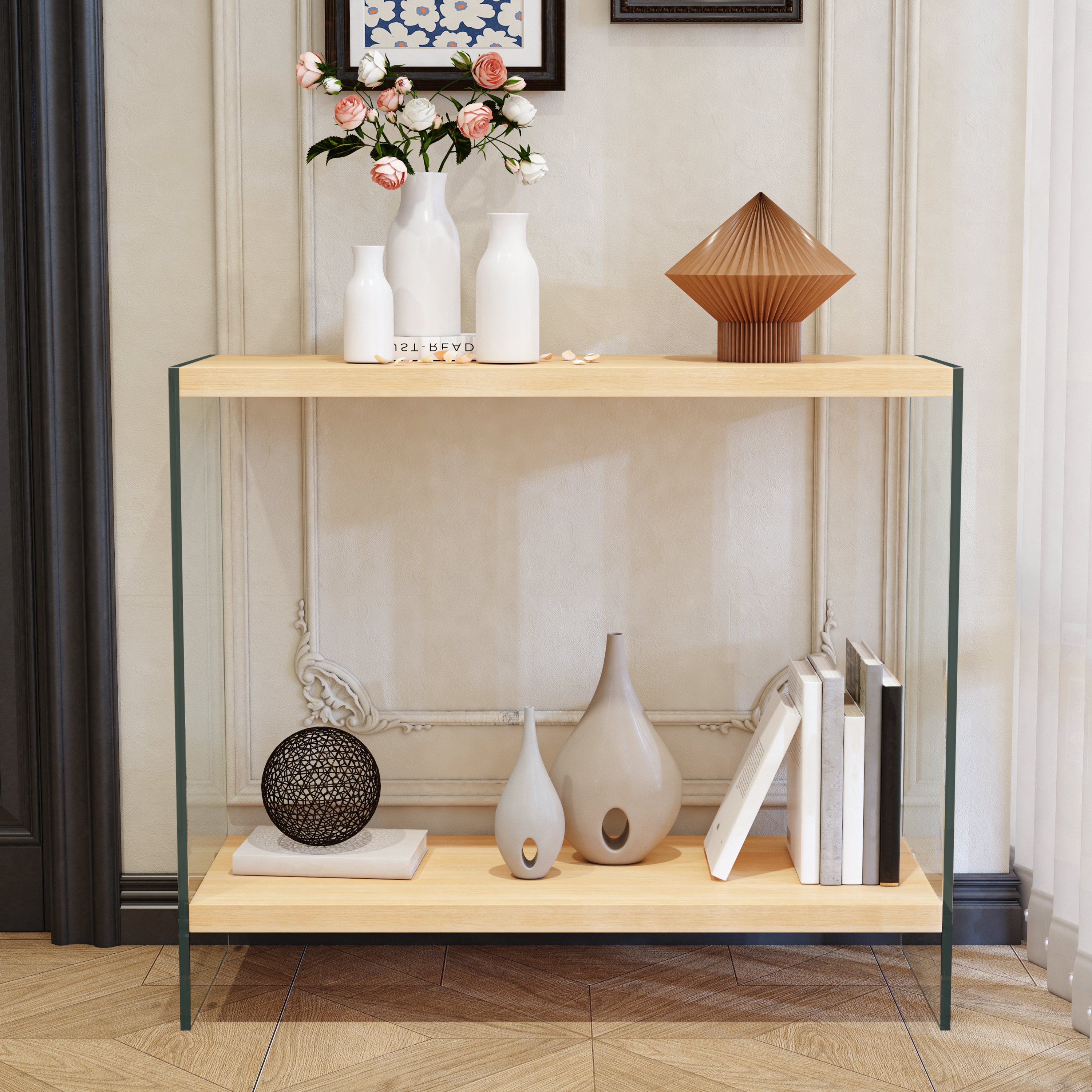 Rectangular Console Table Wood-finish MDF Sofa Side Storage Table Glass Frame