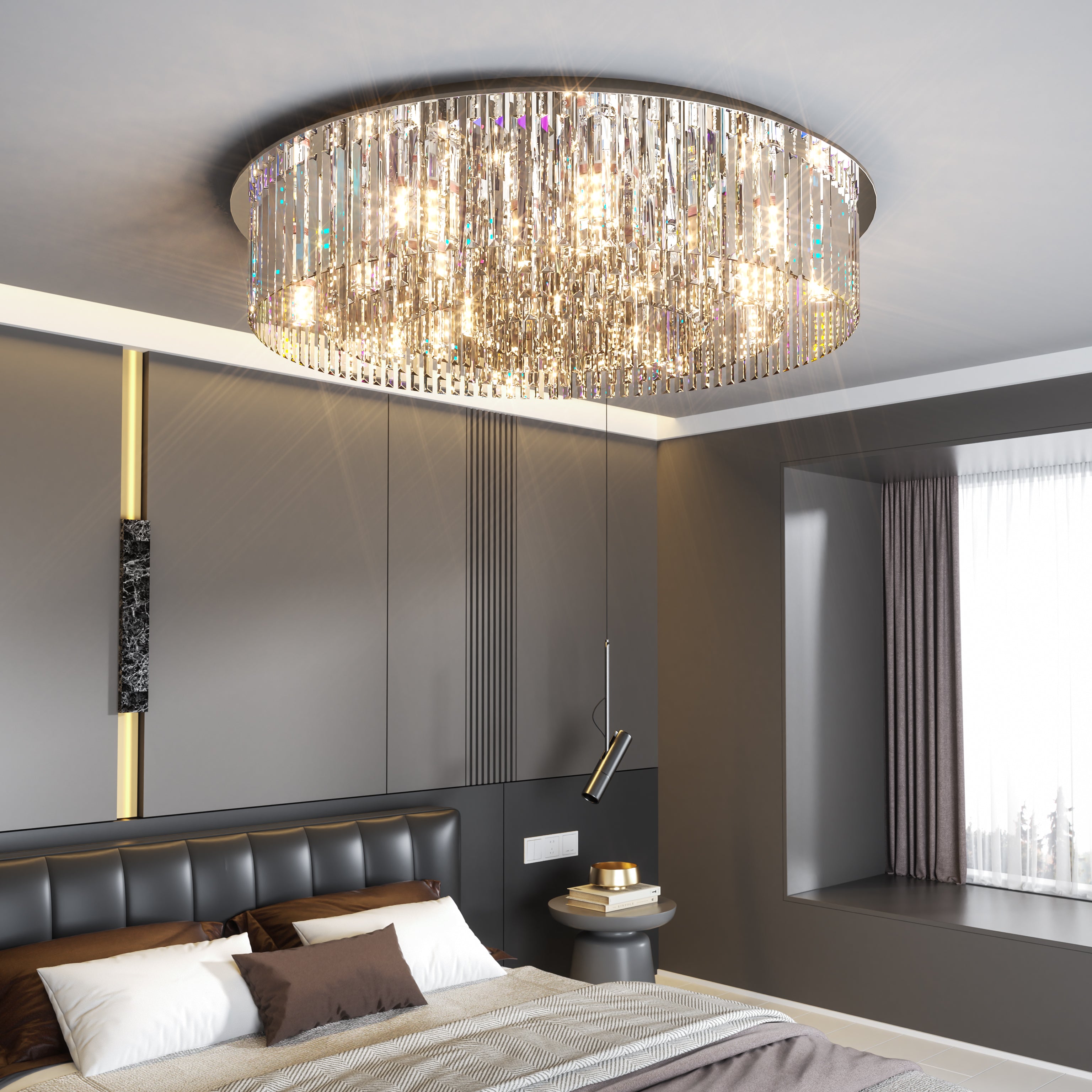 Luxury Crystal Ceiling Chandelier Pendant Lights Fixtures with Shining Grey Crystals, D 23.62”/31.49”