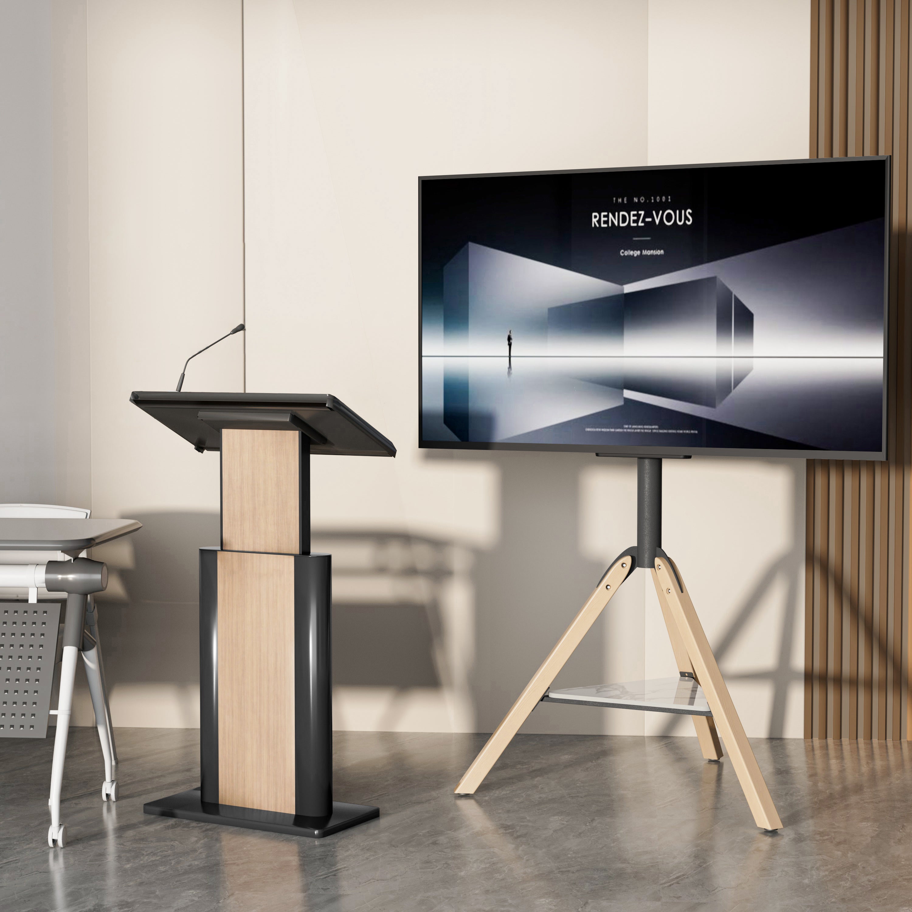 Mid Century TV Floor Stand for 40”-75” Corner Swivel TV Stand with Tripod Legs Height Adjustable