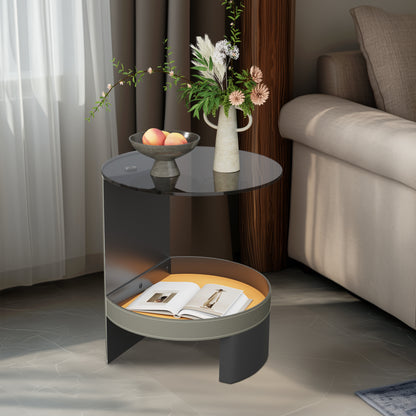 2-Tier Distinctive Sofa Side End Table Tempered Glass-top Saddle Leather Shelf