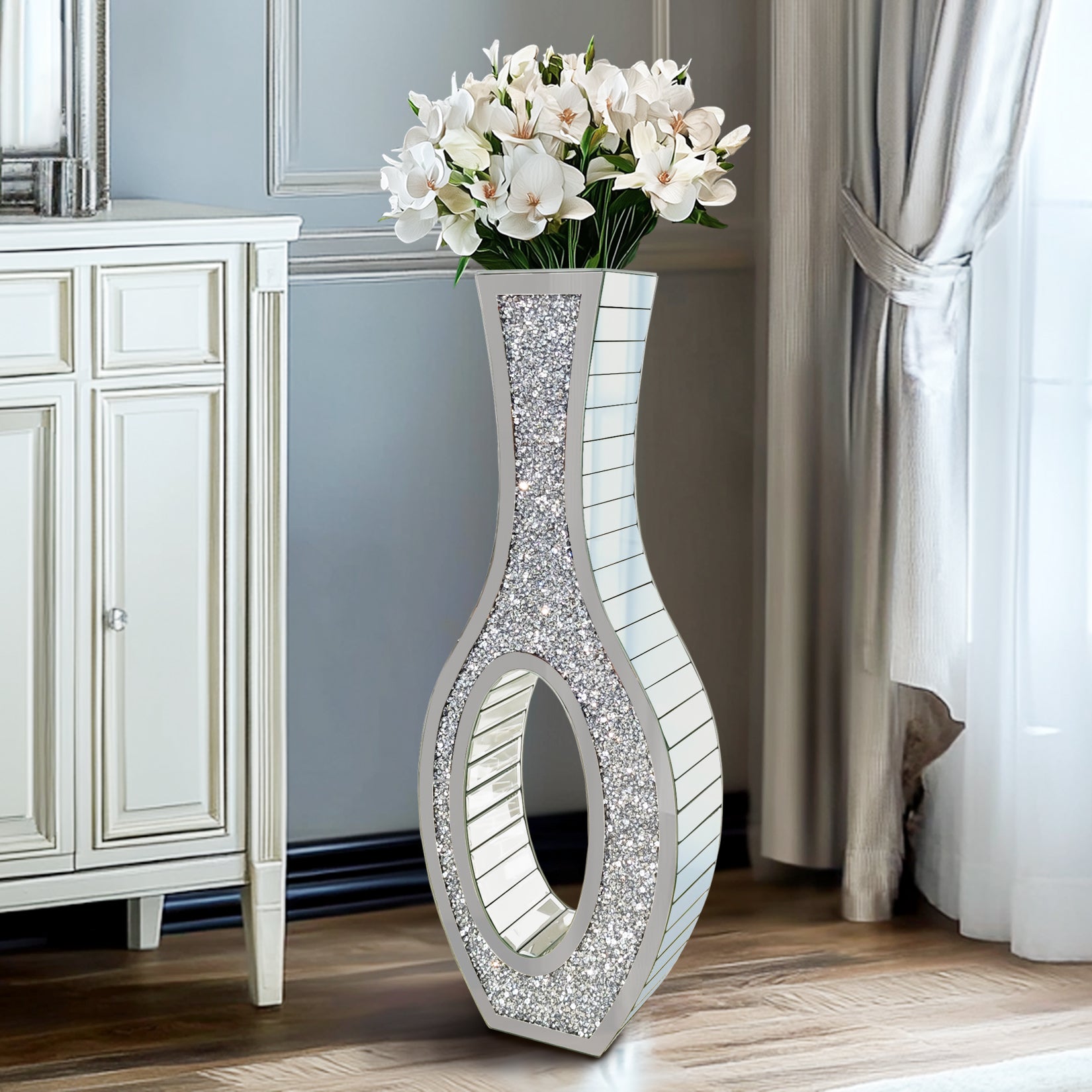 Crushed Diamond Floor Vase: Silver Mirror Vase Geometric Bling Floor-Standing Luxury Home Decor