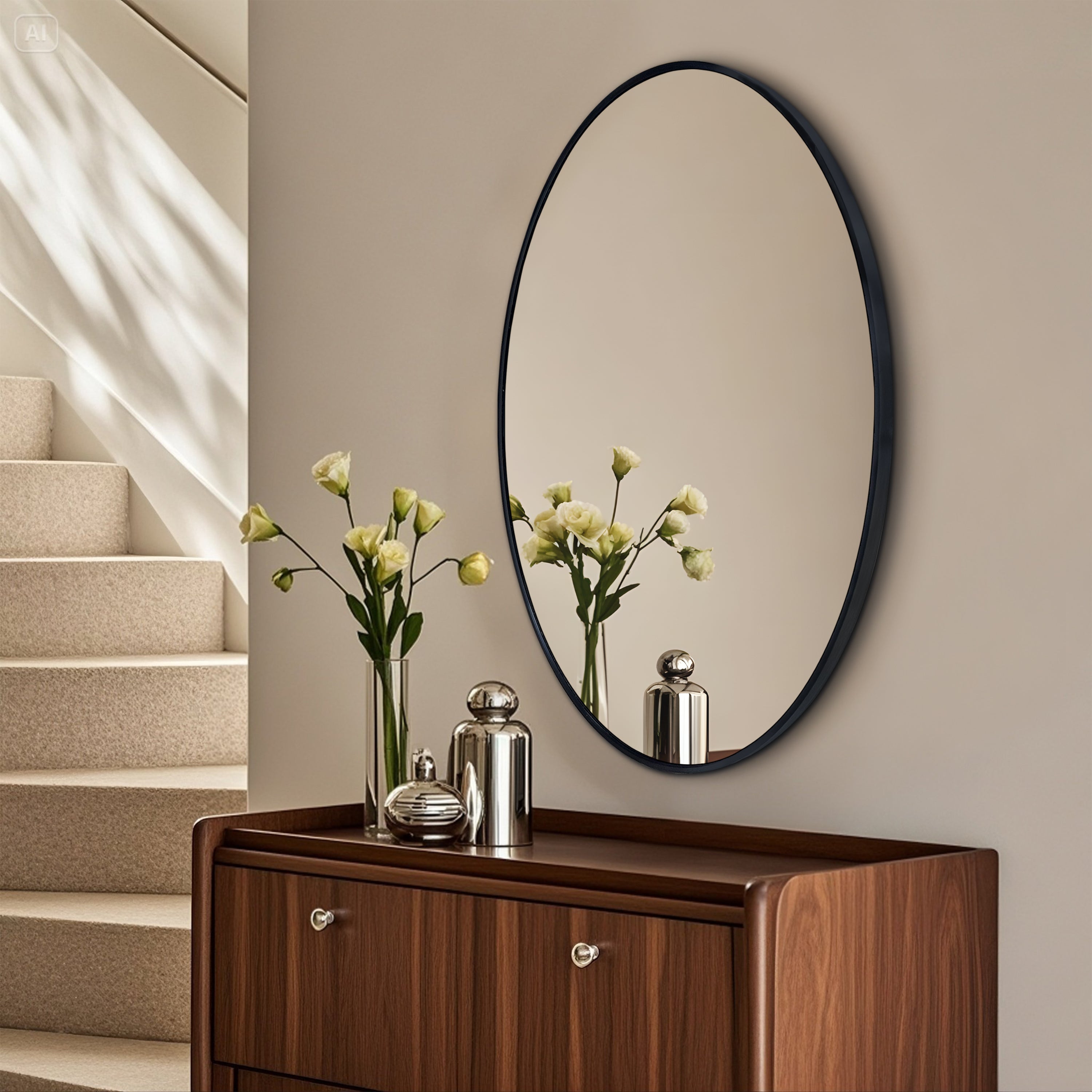 New Release Vertical Black Oval Wall Mirror Aluminum Frame Wall-mounted Hanging Mirror