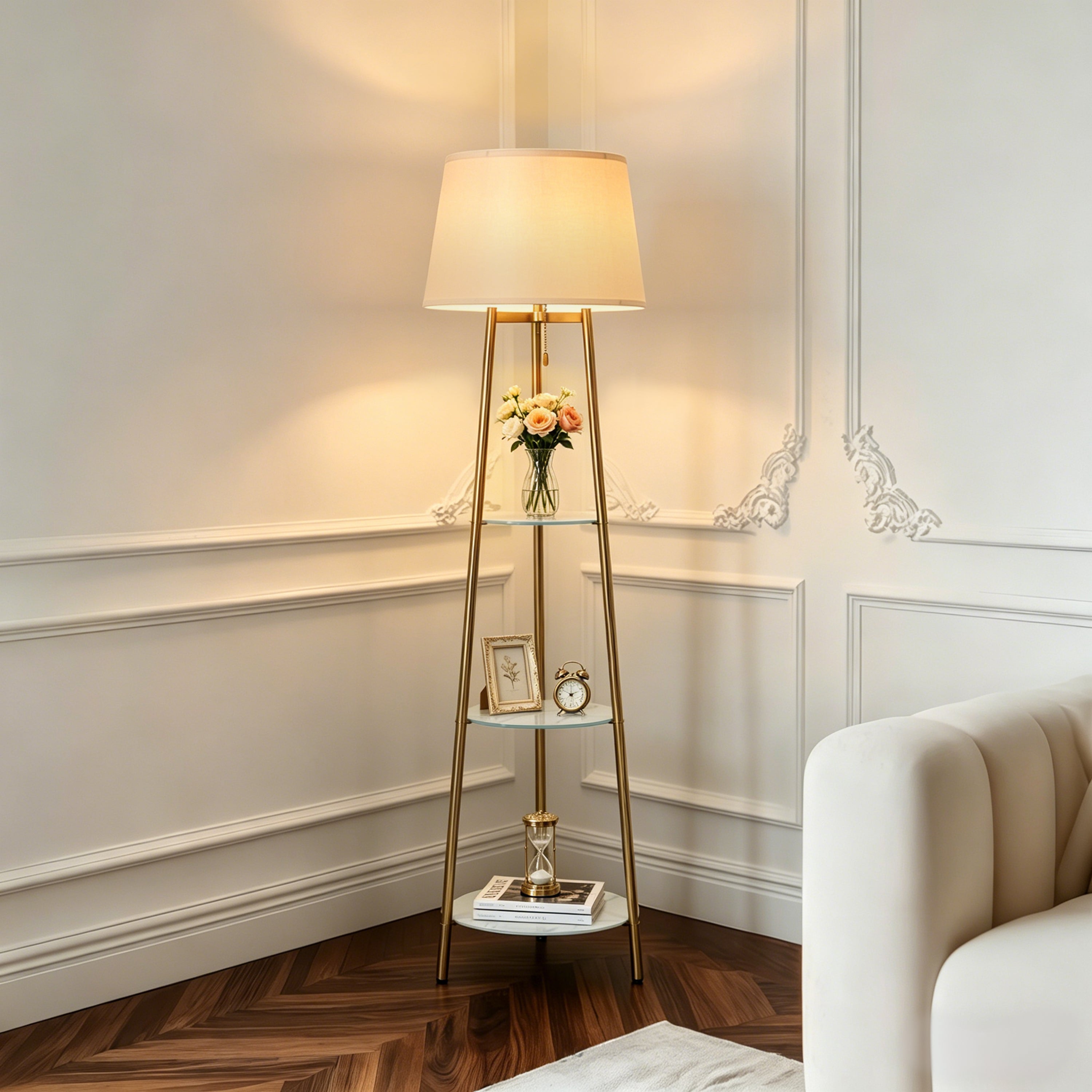 Mid Century Stativ LED Stehlampe mit Regalen