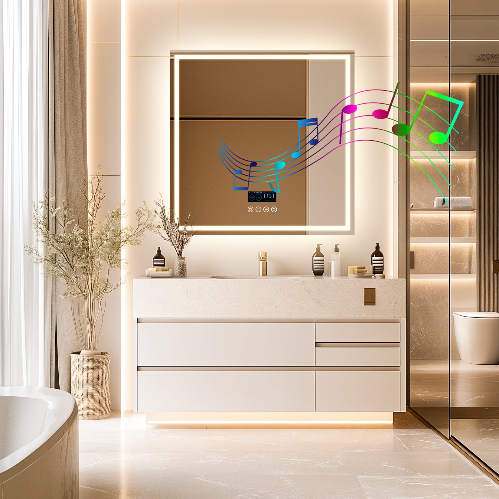 Square LED Bathroom Mirror with Bluetooth Speaker, Double Led Strips