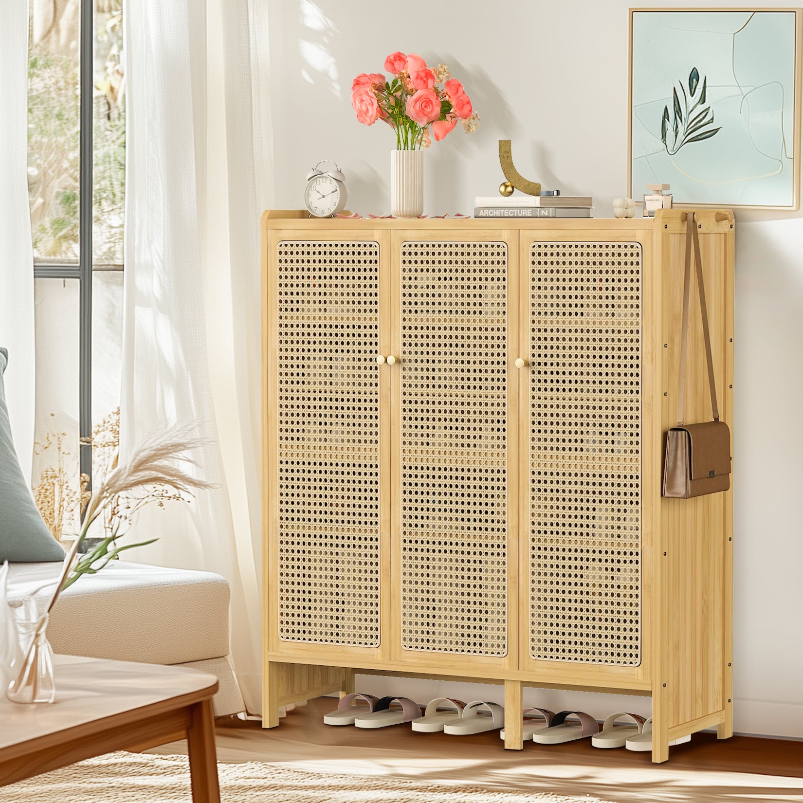 Bamboo Shoe Cabinet: 6 Tier Shelves Shoe Storage Cabinet with Hollow Doors Shoe Rack for Entryway