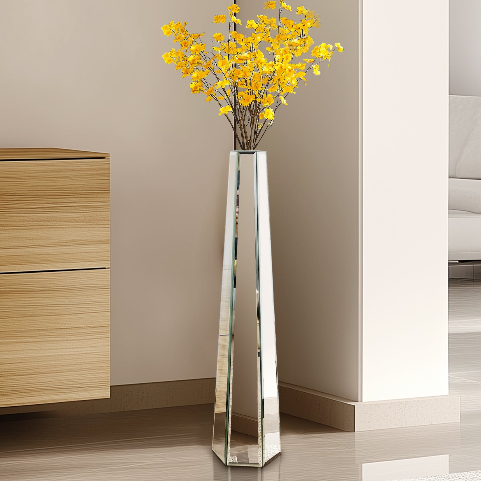 Mirrored Floor Vase: 30” Tall Mirrored Glass Flower Floor Vase for Holding Dried Flowers