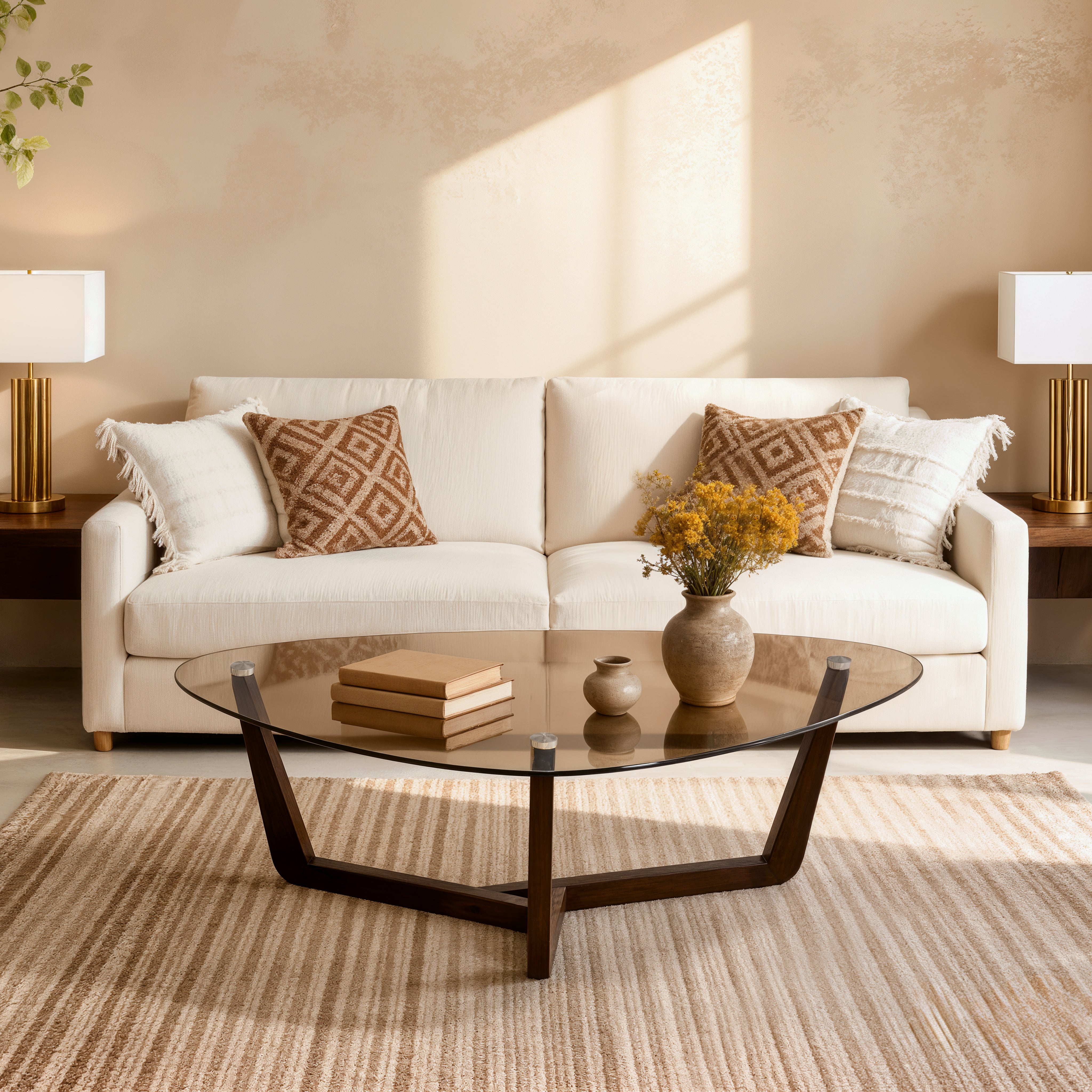Organic Triangle Glass Center Coffee Table for Living Room, with Amber-Tinted Tempered Glass Tabletop Rubber Wooden Frame