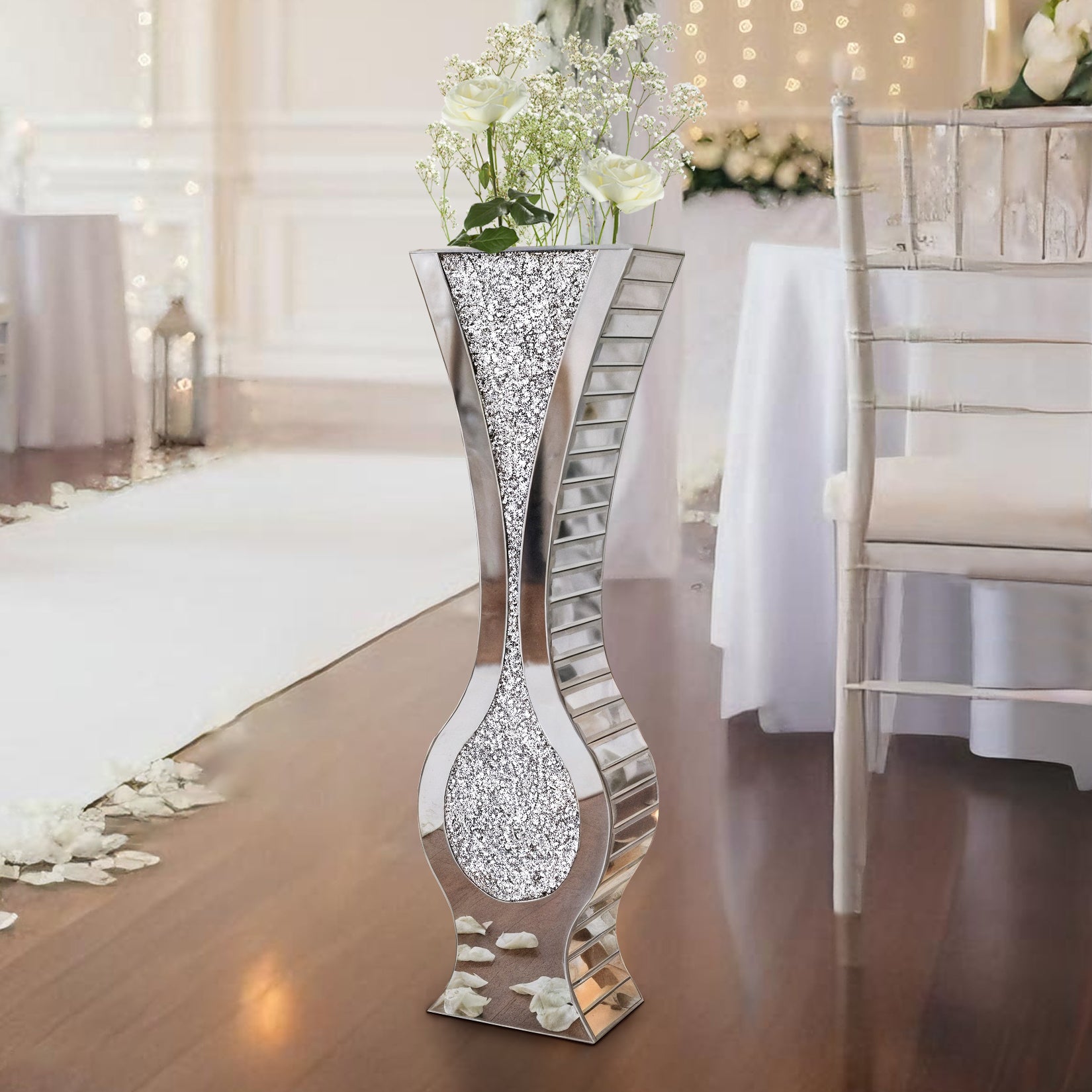 Silver 27” Tall Mirrored Vase Crushed Diamond Floor Vase Pampas Faux Flower Vase