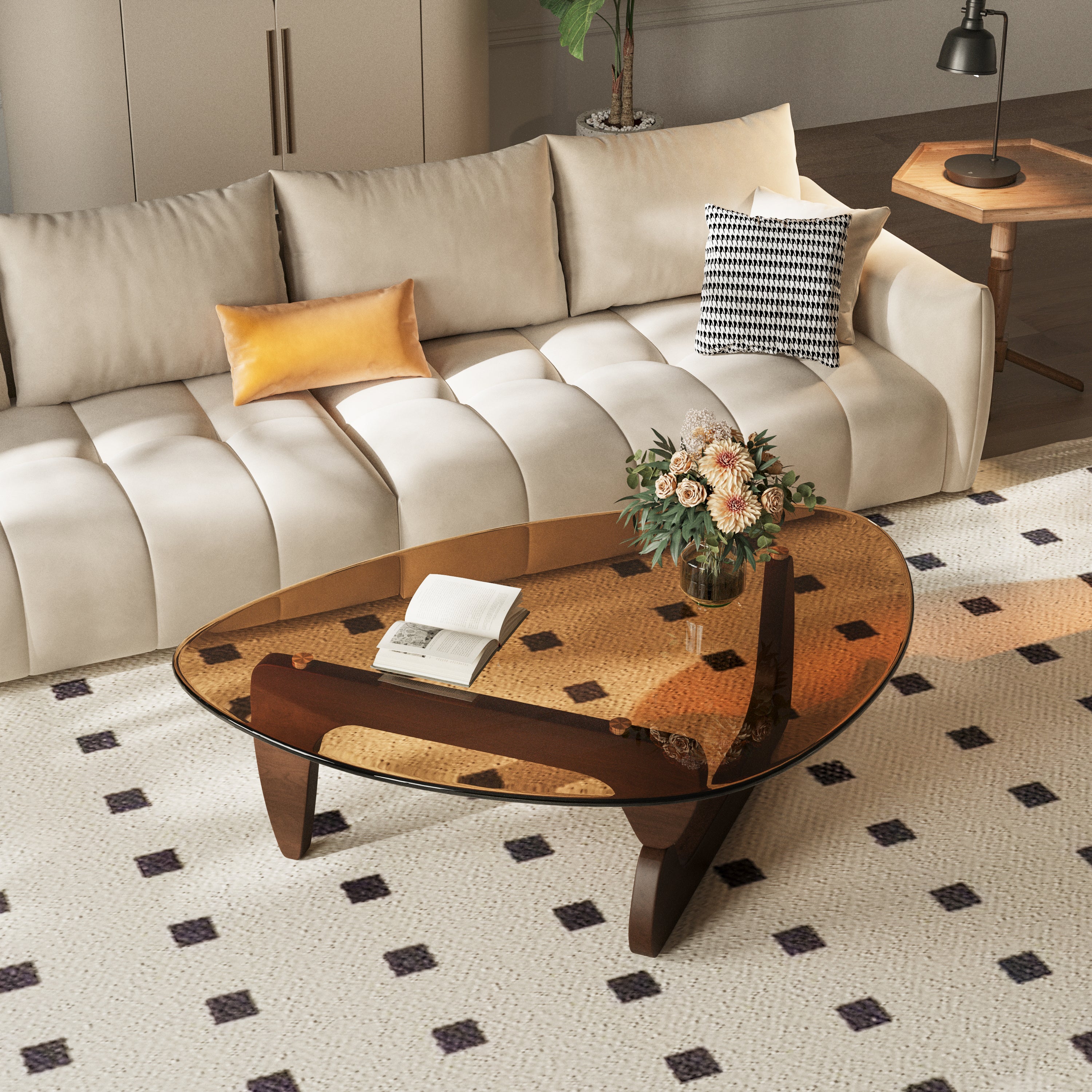 Triangular Glass Center Table Noguchi Coffee Table with Amber-tinted Tempered Glass Top