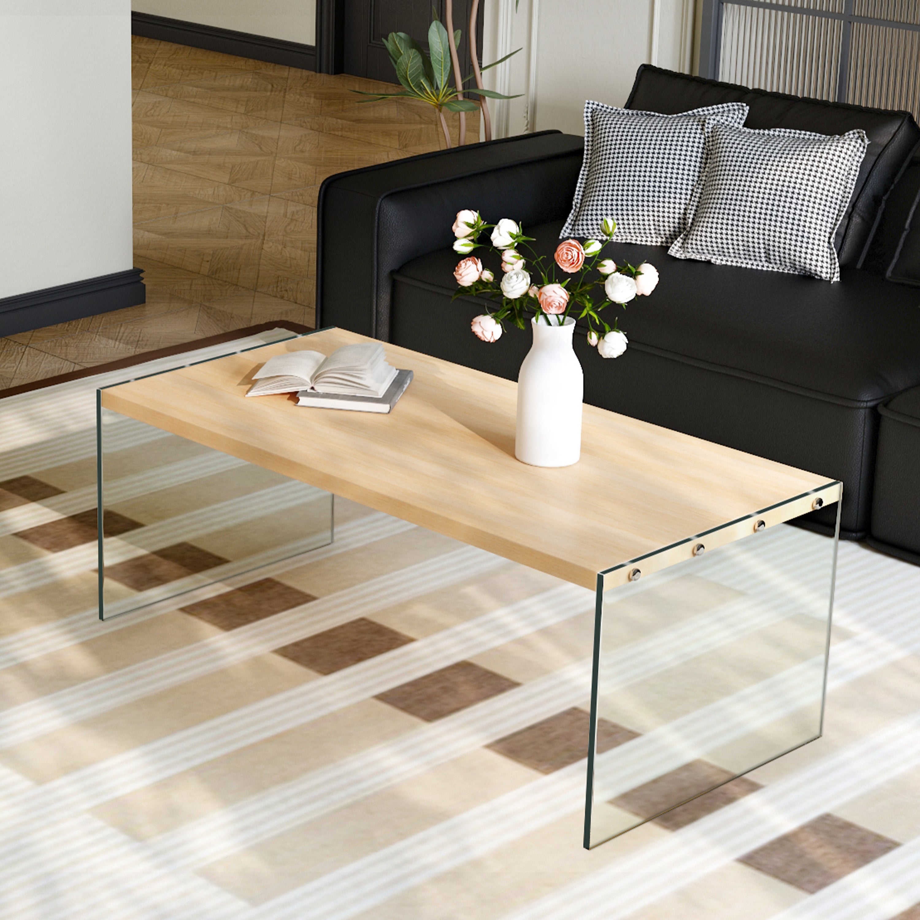 Rectangular Coffee Table: New Release Wood-tone MDF Coffee Table with Tempered Glass Legs