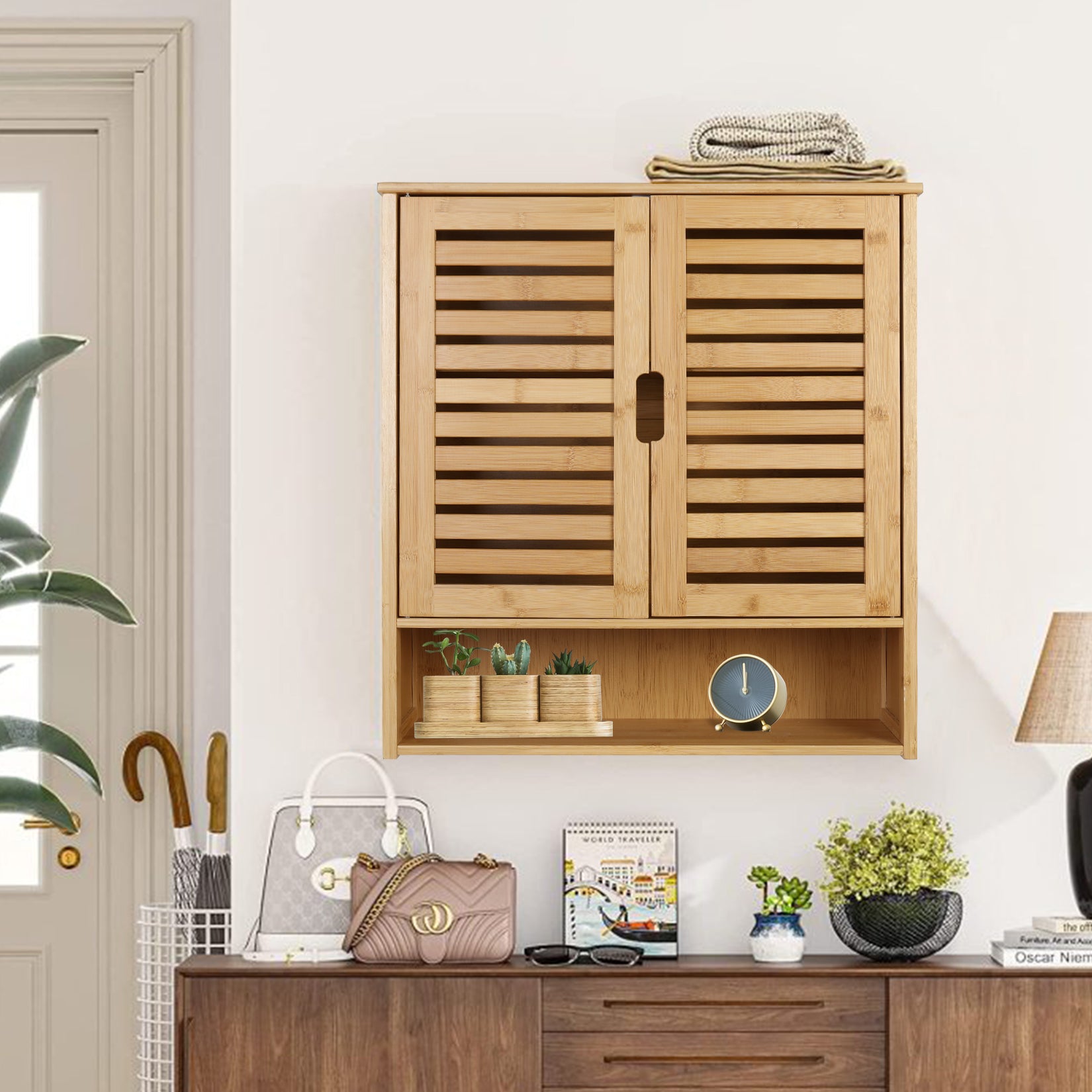 Bathroom Cabinet Bamboo Over-The-Toilet Storage Organizer Wall Mounted Kitchen Shelves