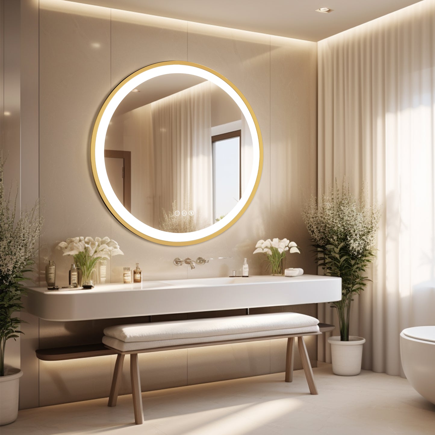 Golden Round Bathroom Mirror Aluminum Frame, Front-lit Vanity Mirror