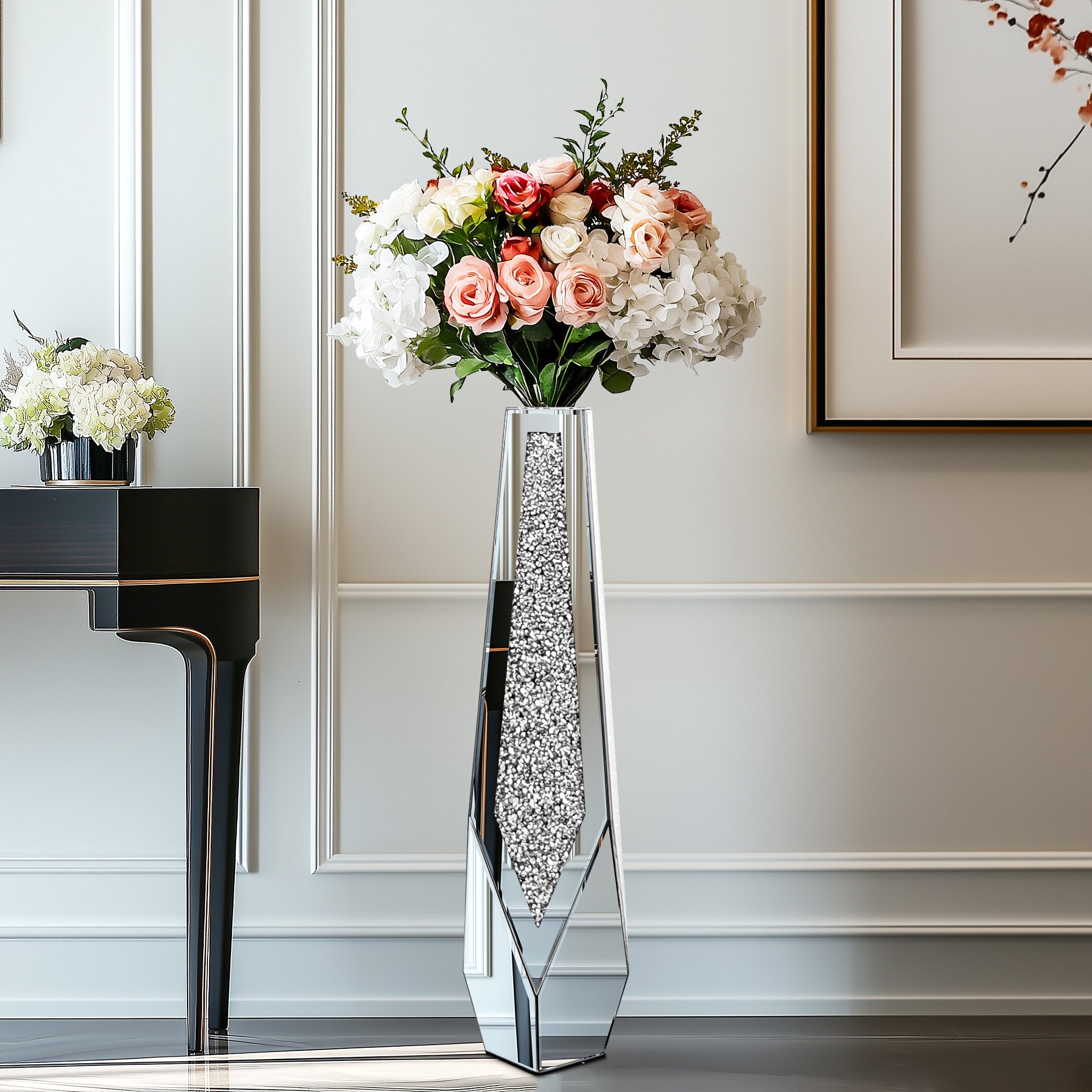 28” Tall Crushed Diamond Mirrored Flower Vase Crystal Silver Floor Flower Vase