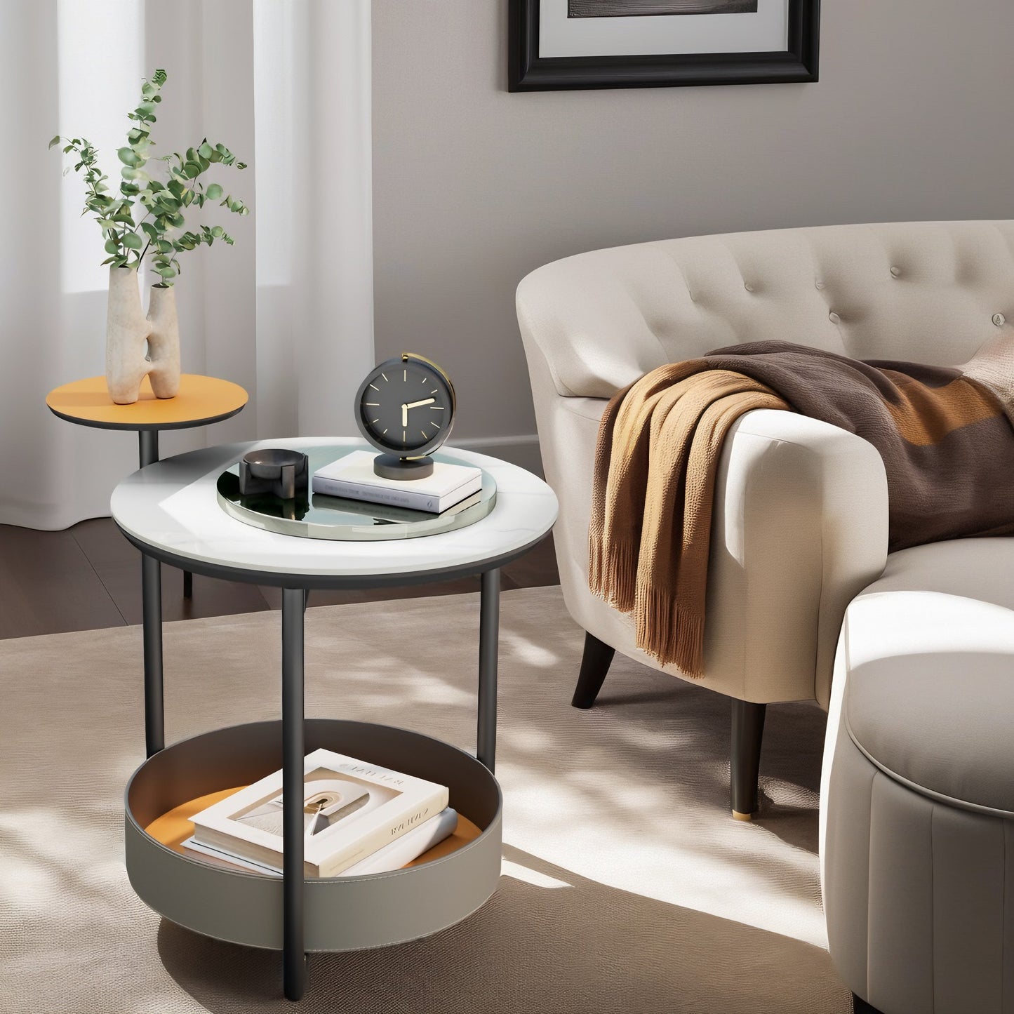 Distinctive Round Side Table Sintered Stone-top Leather Storage Accent Table