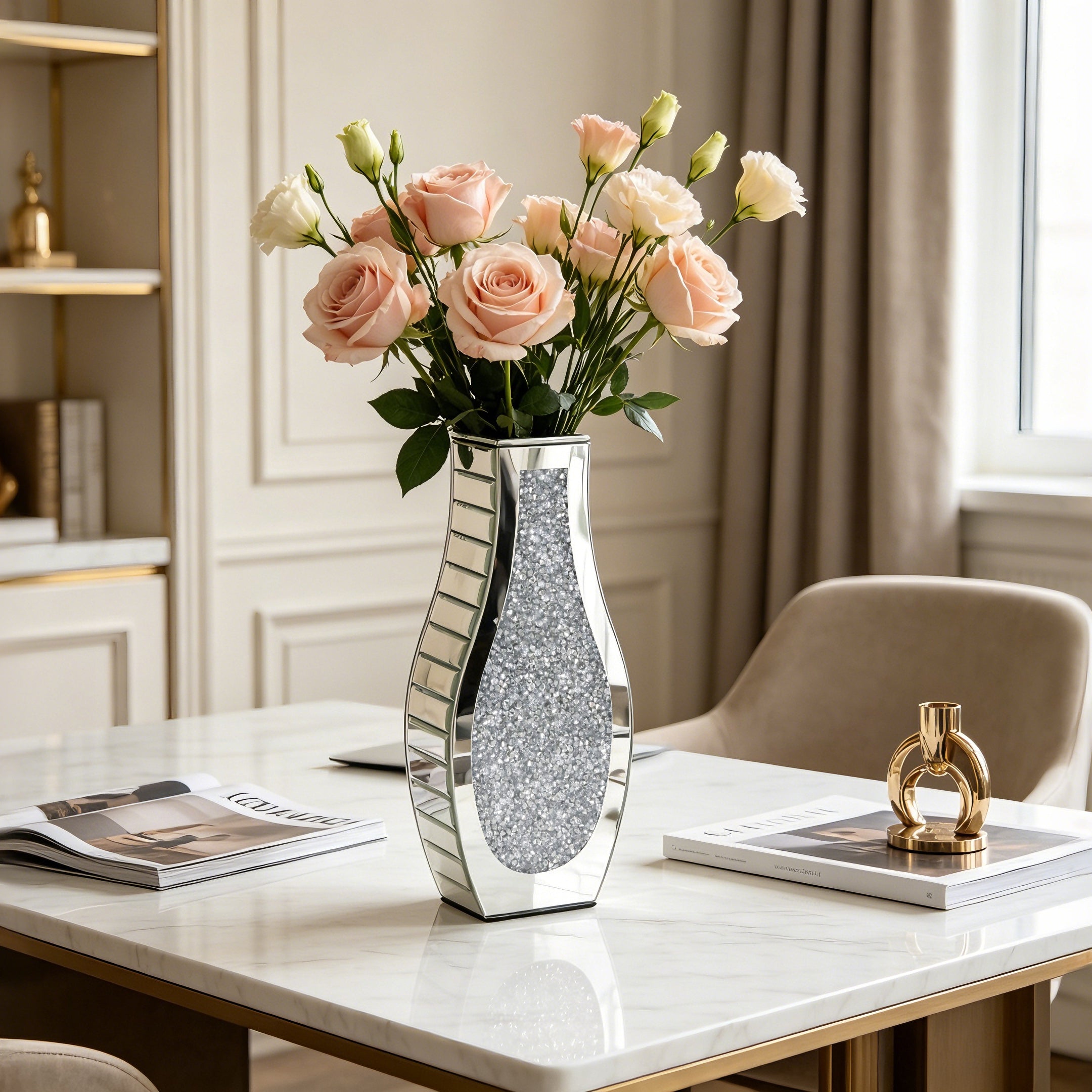 Silver Crushed Diamond Table Flower Vase for Dried Flowers Mirrored Table Centerpiece