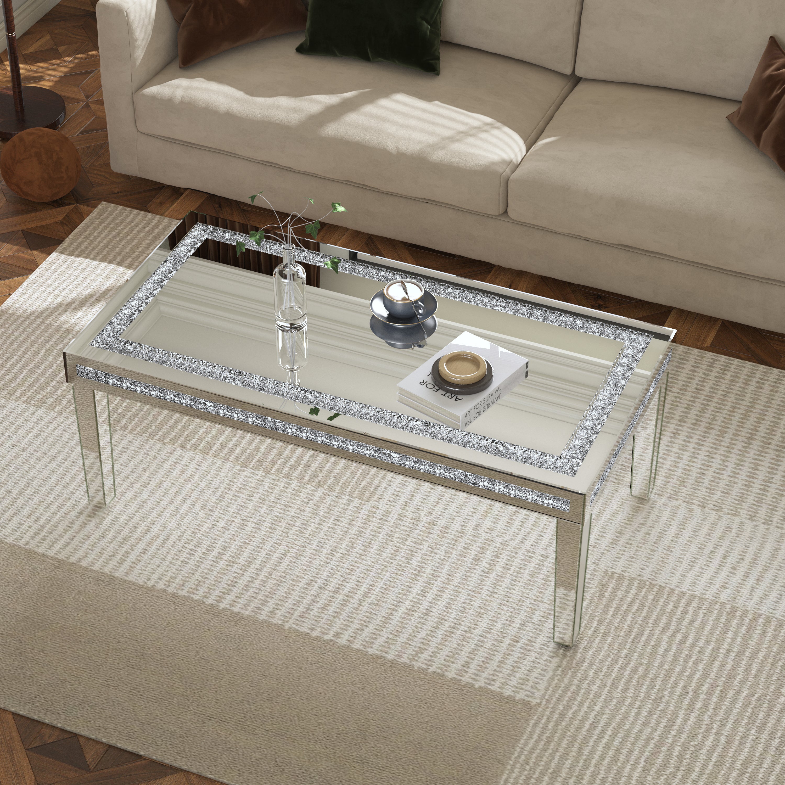 Rectangular Mirrored Coffee Table: Luxury Crushed Diamond Coffee Table Silver Mirrored Finish