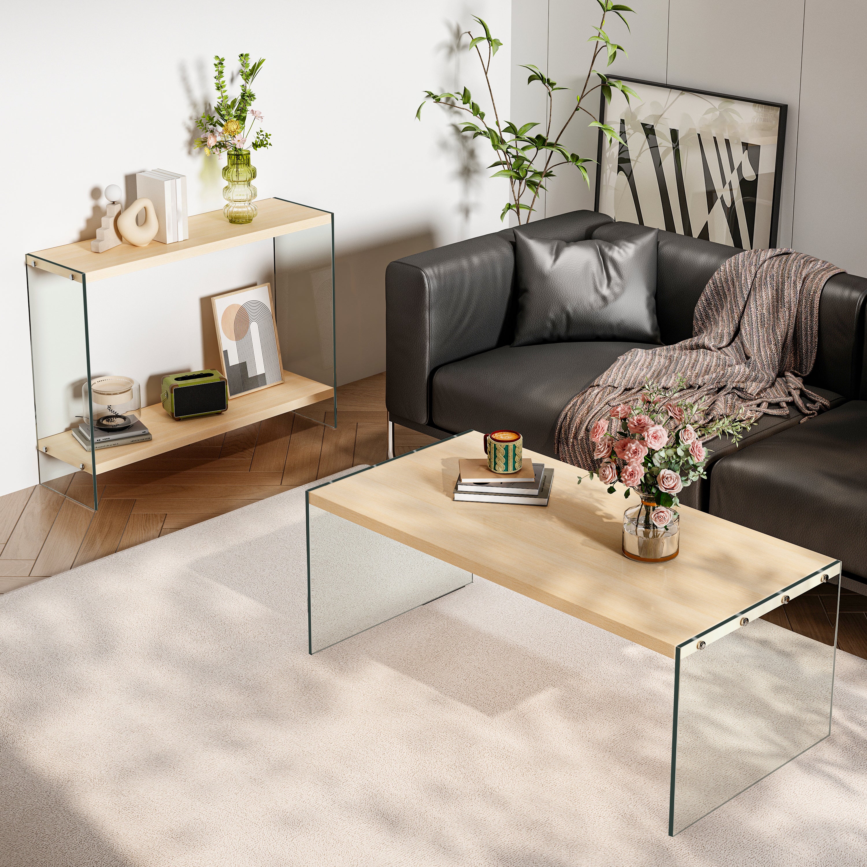 Rectangular Coffee Table: New Release Wood-tone MDF Coffee Table with Tempered Glass Legs
