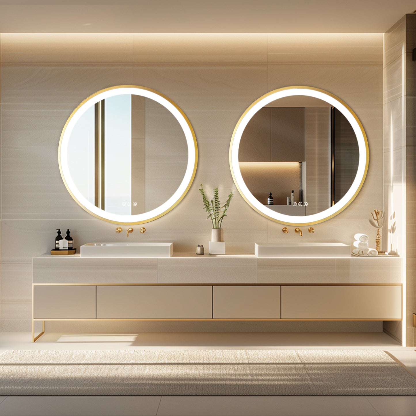 Golden Round Bathroom Mirror Aluminum Frame, Front-lit Vanity Mirror