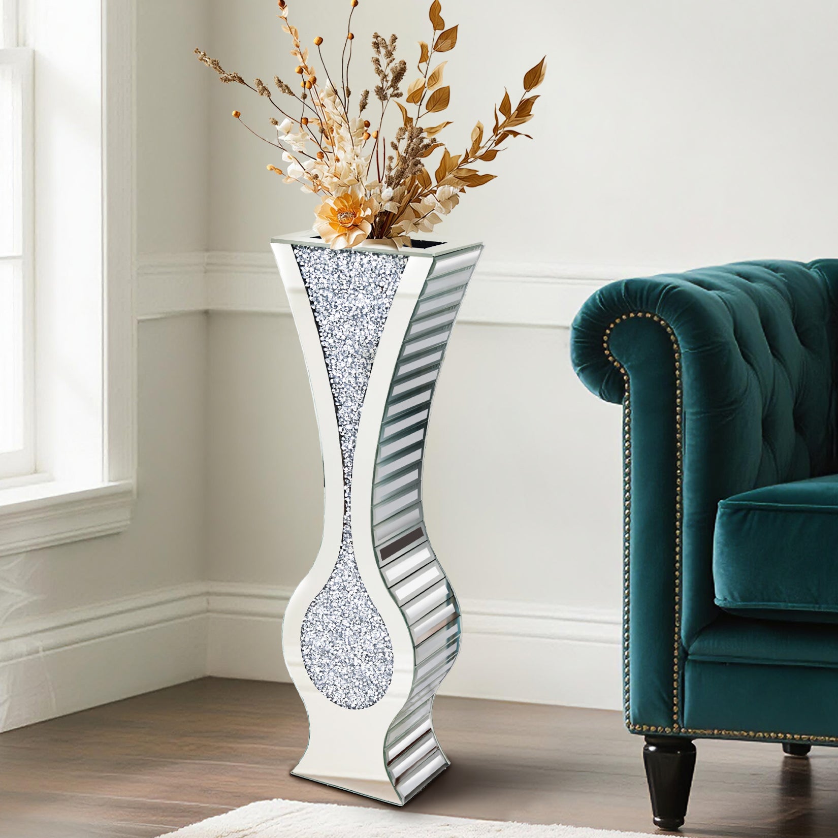 Silver 27” Tall Mirrored Vase Crushed Diamond Floor Vase Pampas Faux Flower Vase