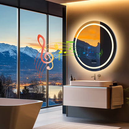 32" Round Lighted Bathroom Mirror with Bluetooth Speaker, Front-lit Backlit