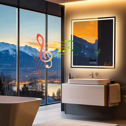 Square LED Bathroom Mirror with Bluetooth Speaker, Double Led Strips