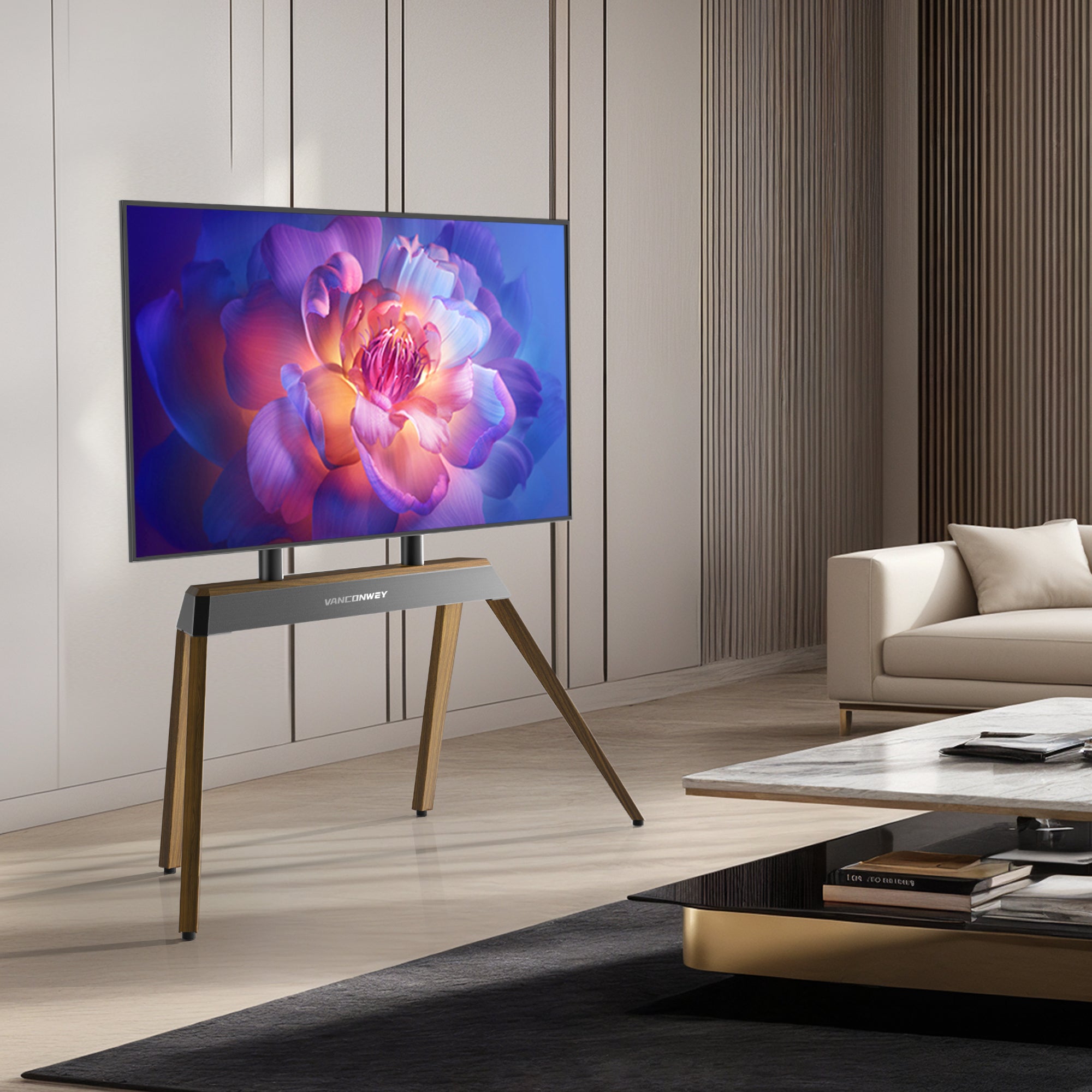 Mid-century Modern TV Floor Stand for 40”-86” TV Stand with Trapezoidal-frame