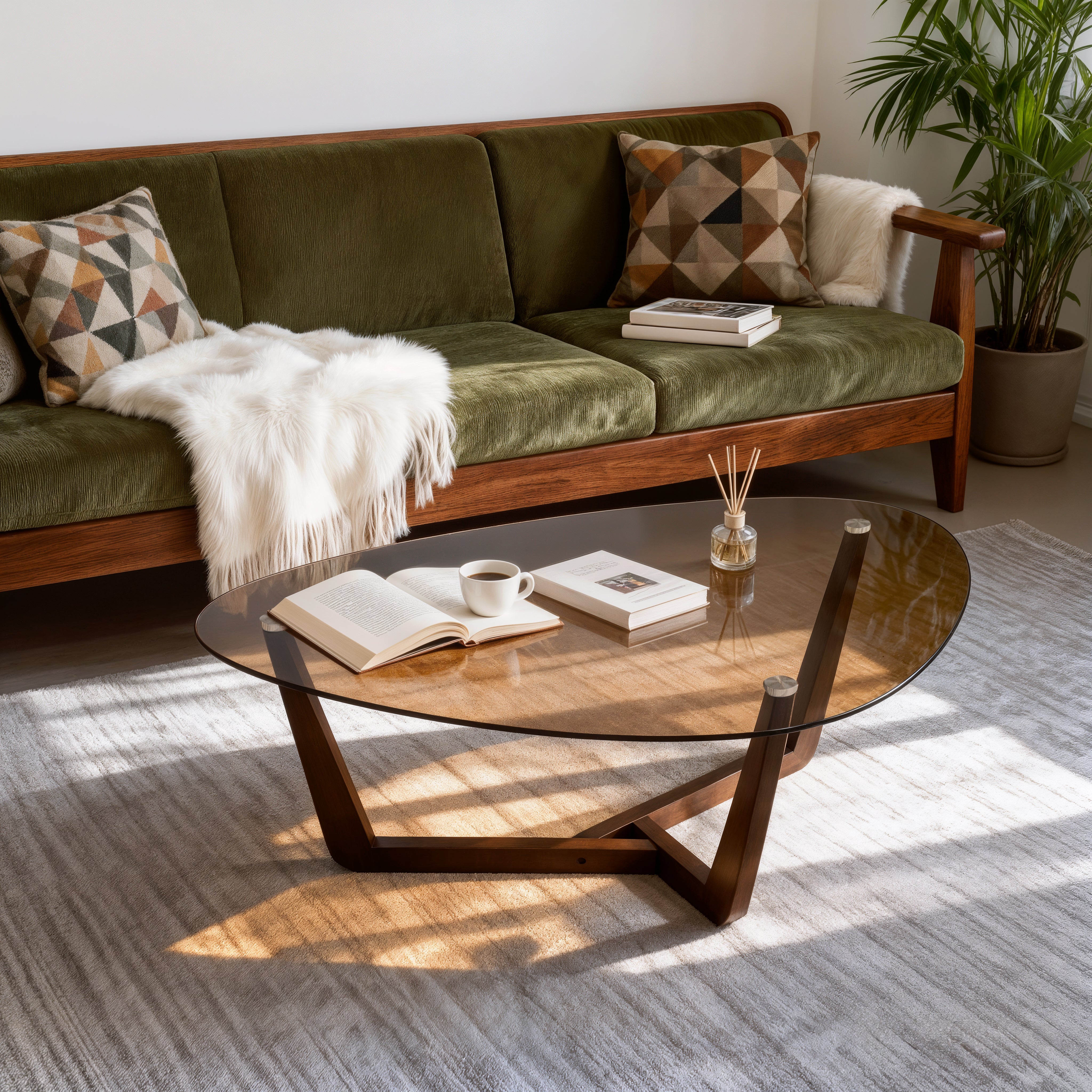 Organic Triangle Glass Center Coffee Table for Living Room, with Amber-Tinted Tempered Glass Tabletop Rubber Wooden Frame