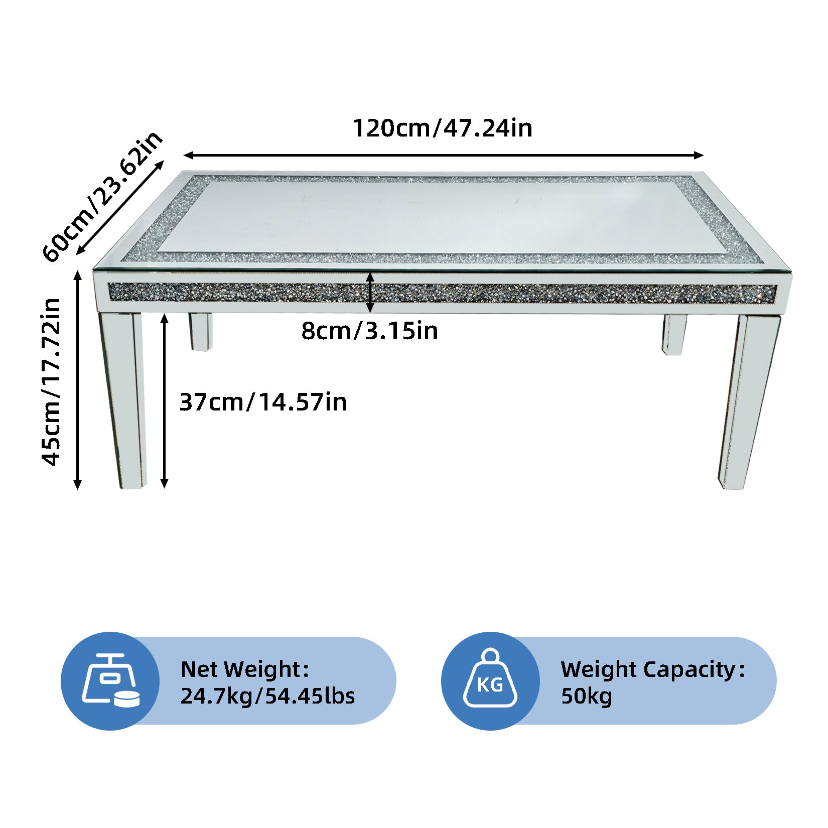 Rectangular Mirrored Coffee Table: Luxury Crushed Diamond Coffee Table Silver Mirrored Finish