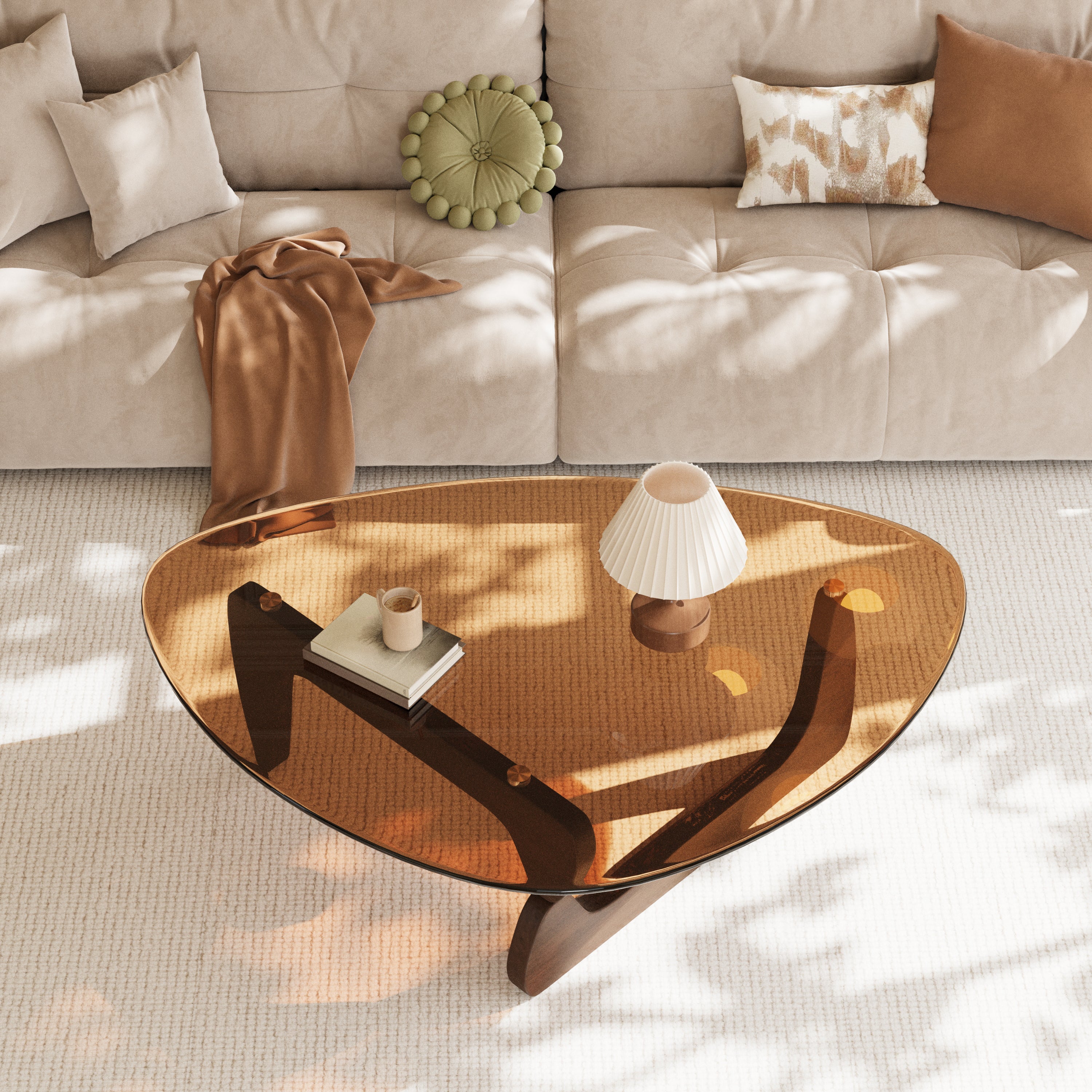 Triangular Glass Center Table Noguchi Coffee Table with Amber-tinted Tempered Glass Top