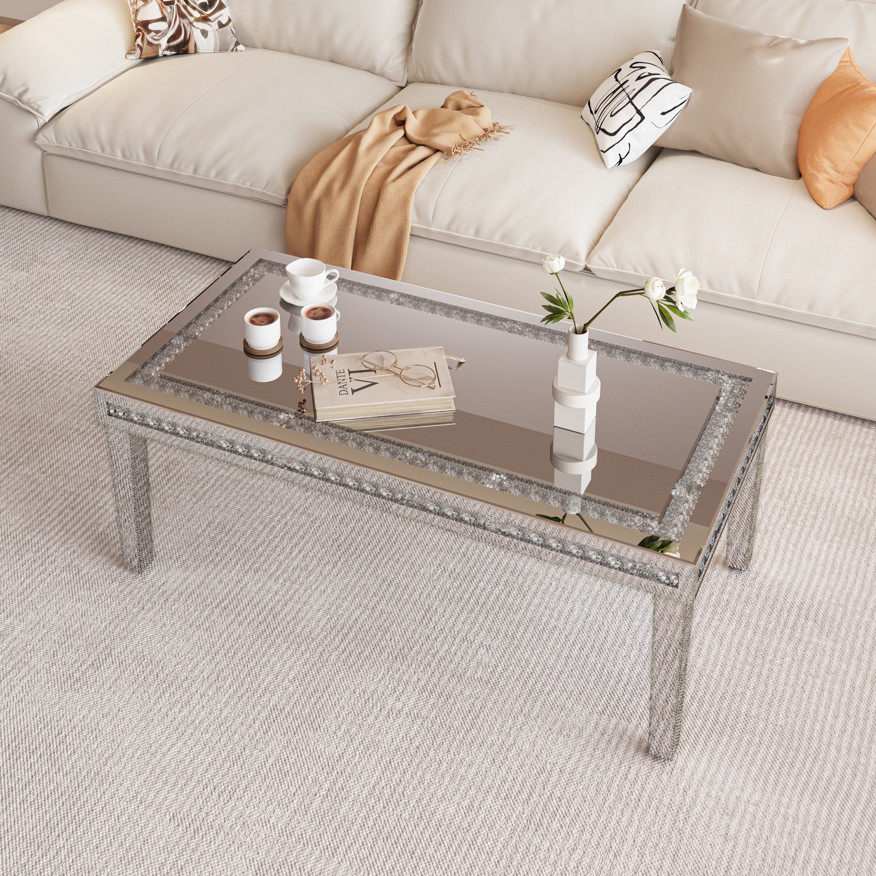 Rectangular Mirrored Coffee Table: Luxury Crushed Diamond Coffee Table Silver Mirrored Finish