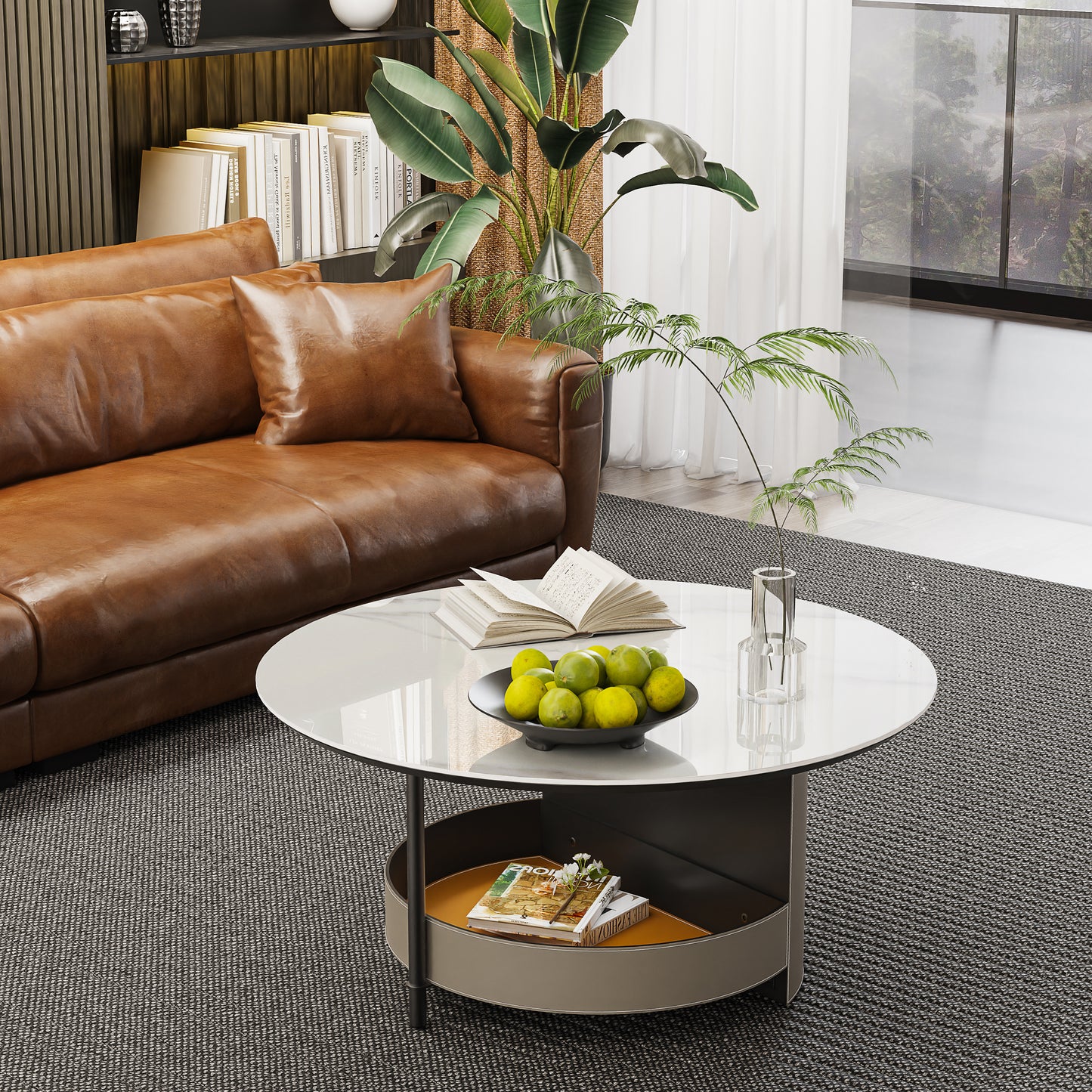 Round Coffee Table with Sintered Stone-top Microfiber Saddle Leather Shelf