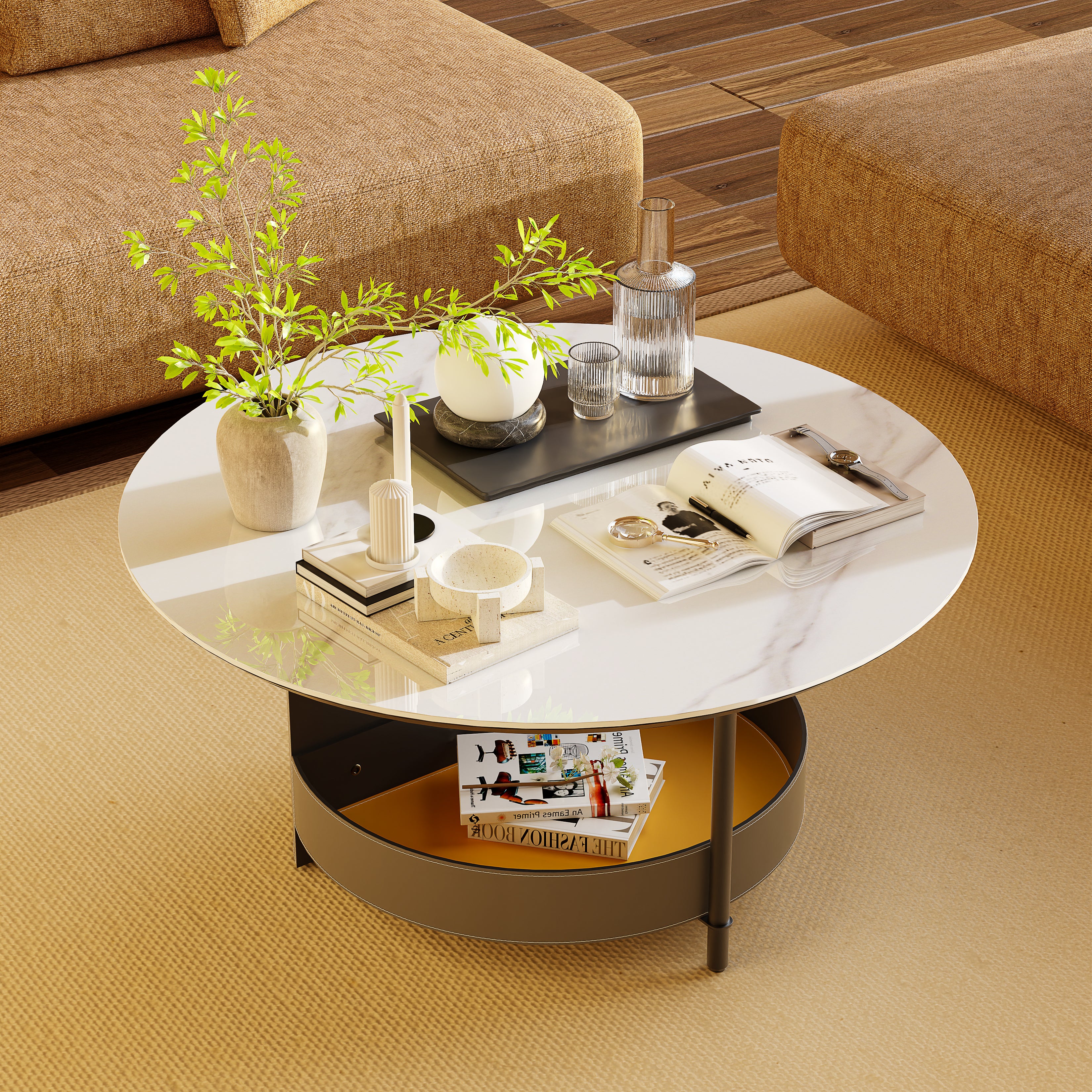 Round Coffee Table with Sintered Stone-top Microfiber Leather Shelf