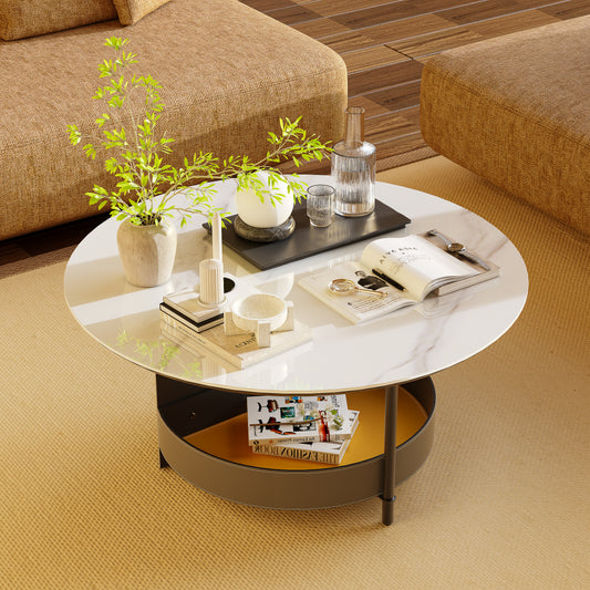 Round Coffee Table with Sintered Stone-top Microfiber Saddle Leather Shelf