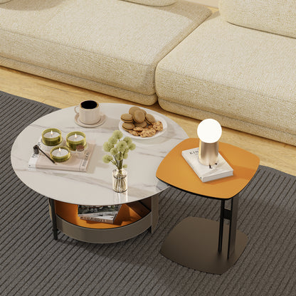 Round Coffee Table with Sintered Stone-top Microfiber Saddle Leather Shelf