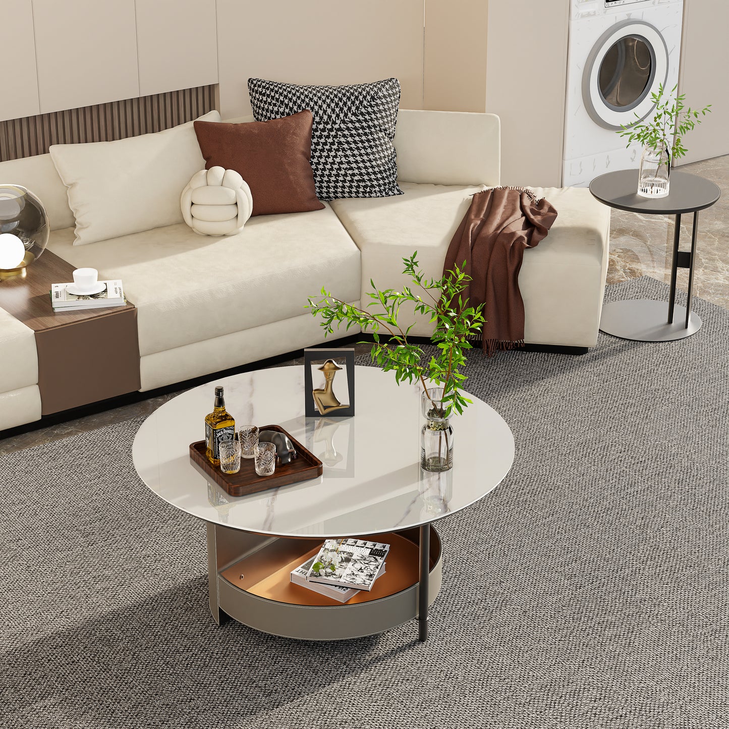 Round Coffee Table with Sintered Stone-top Microfiber Saddle Leather Shelf