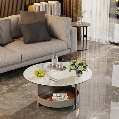 Round Coffee Table with Sintered Stone-top Microfiber Saddle Leather Shelf