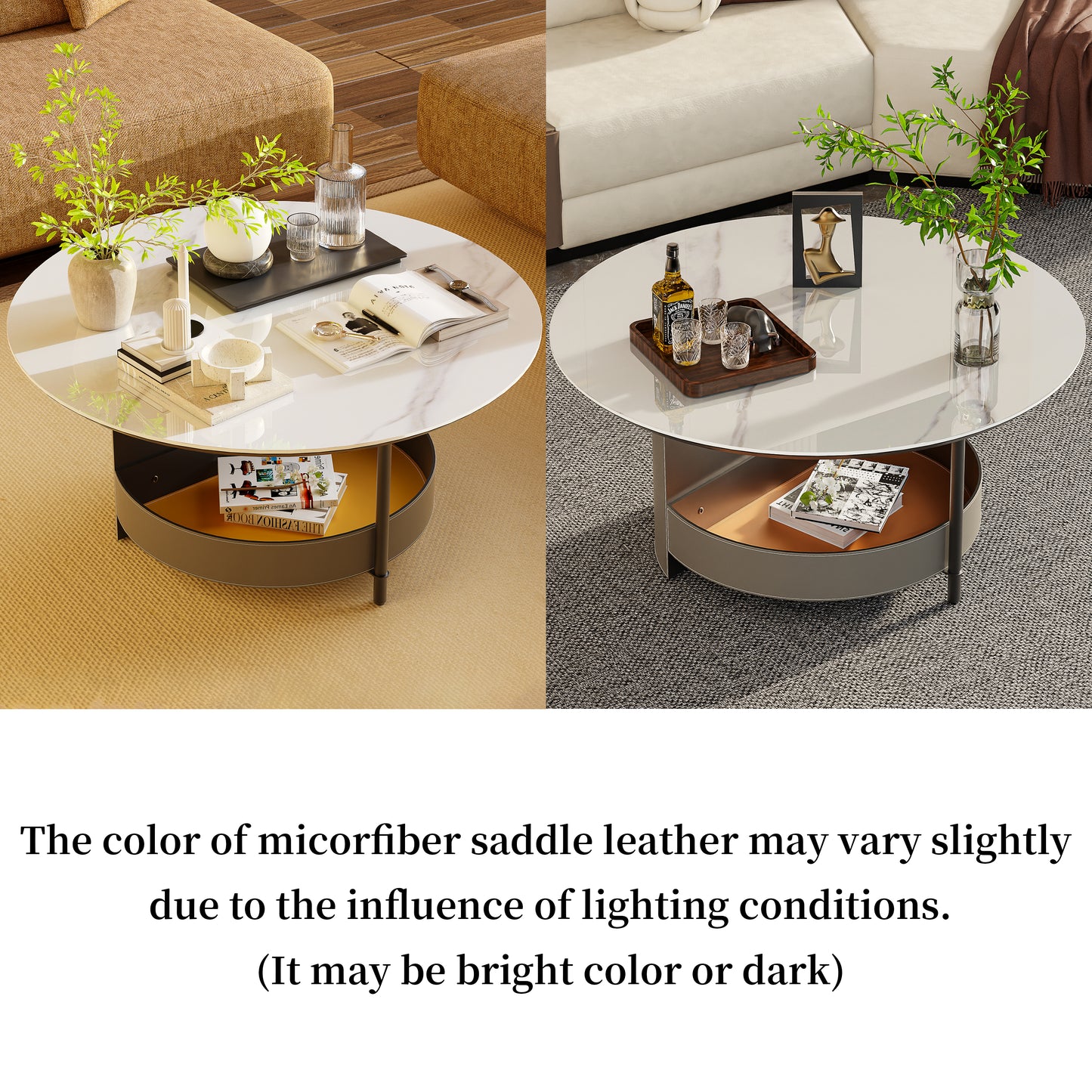 Round Coffee Table with Sintered Stone-top Microfiber Saddle Leather Shelf