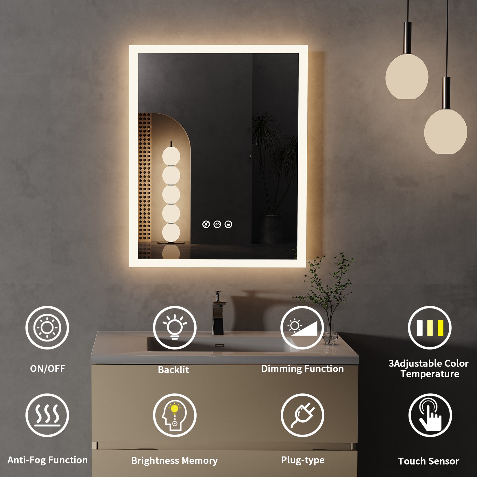 Square Bathroom Mirror Backlit Lighted Vanity Mirror