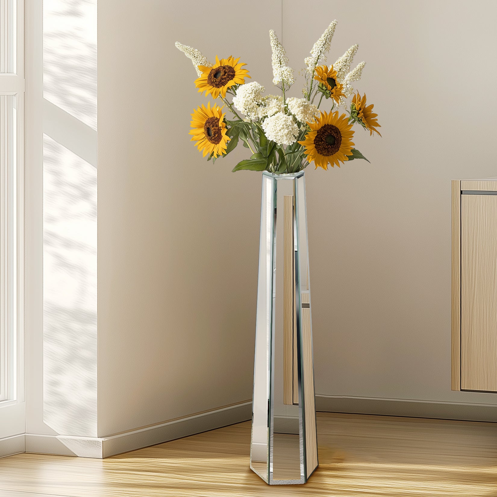 Mirrored Floor Vase: 30” Tall Mirrored Glass Flower Floor Vase for Holding Dried Flowers