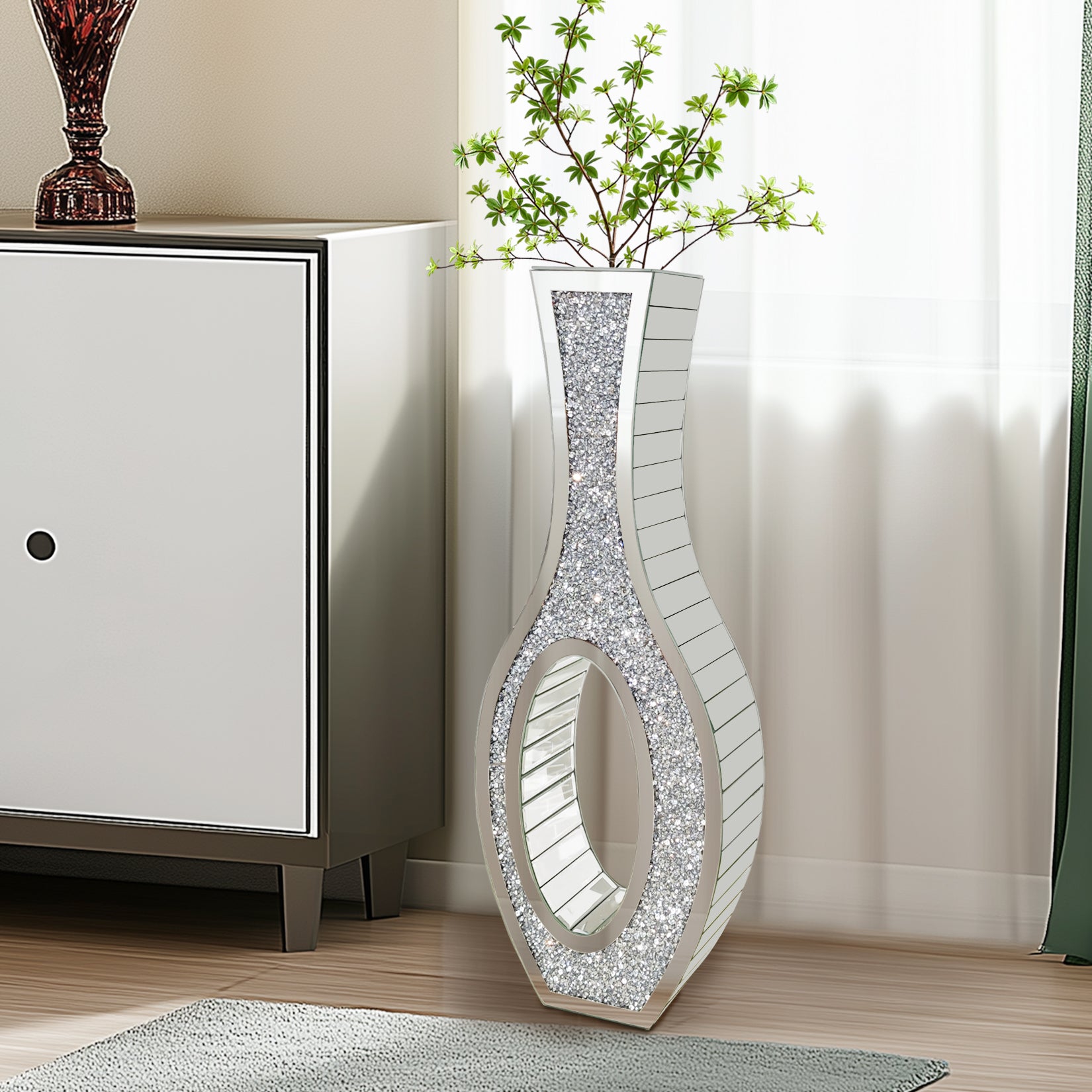 Crushed Diamond Floor Vase: Silver Mirror Vase Geometric Bling Floor-Standing Luxury Home Decor