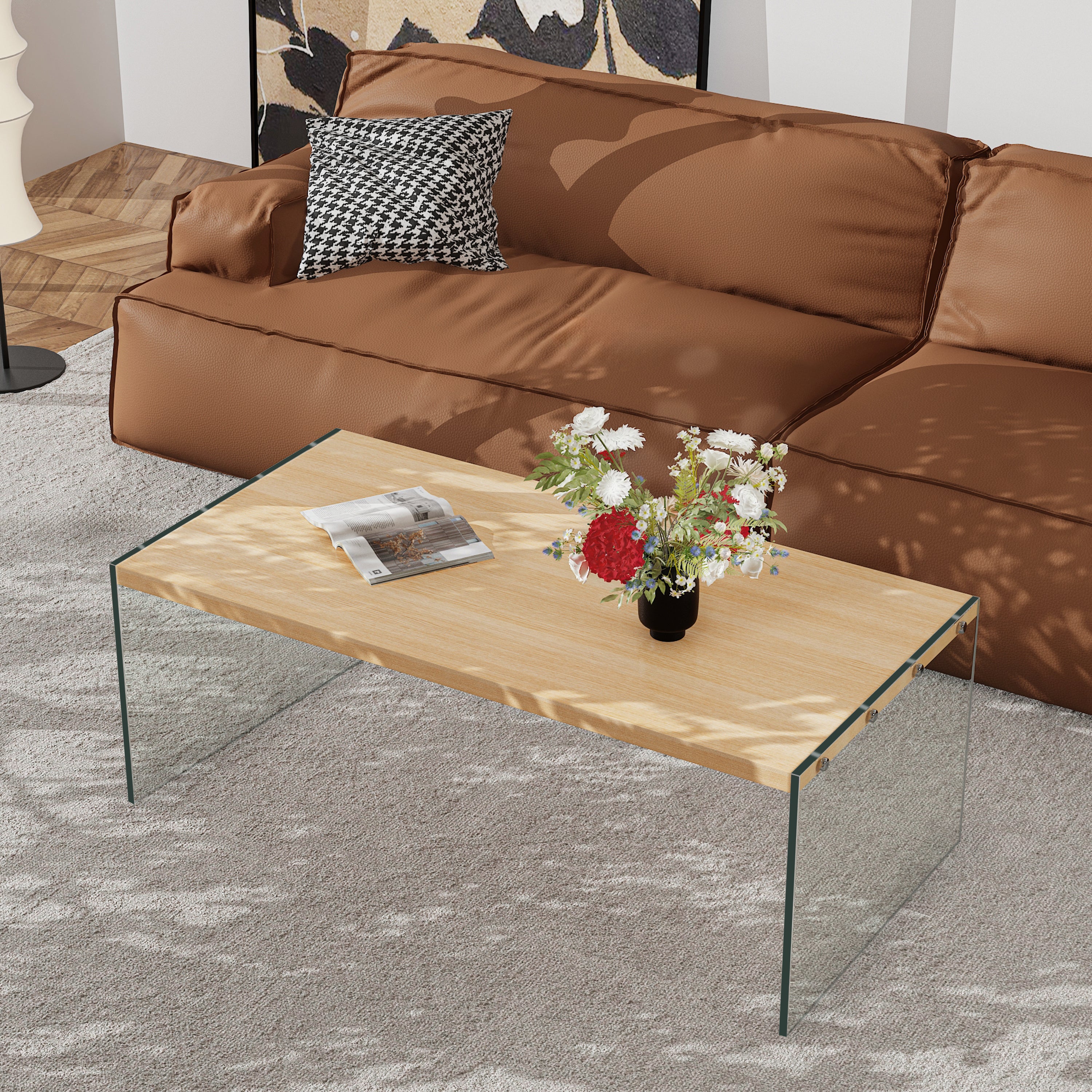 Rectangular Coffee Table: New Release Wood-tone MDF Coffee Table with Tempered Glass Legs