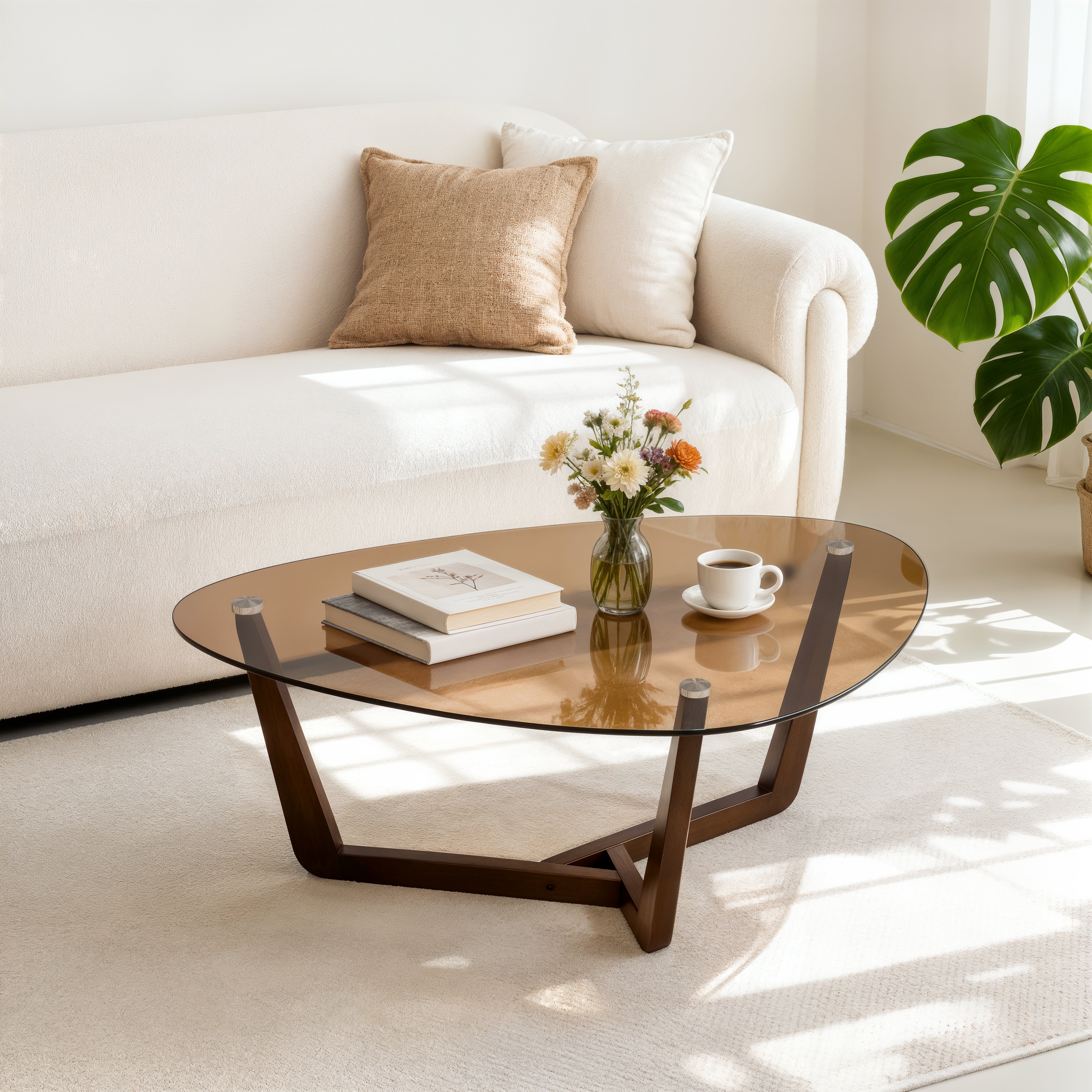 Organic Triangle Glass Center Coffee Table for Living Room, with Amber-Tinted Tempered Glass Tabletop Rubber Wooden Frame