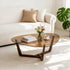 Organic Triangle Glass Center Coffee Table for Living Room, with Amber-Tinted Tempered Glass Tabletop Rubber Wooden Frame