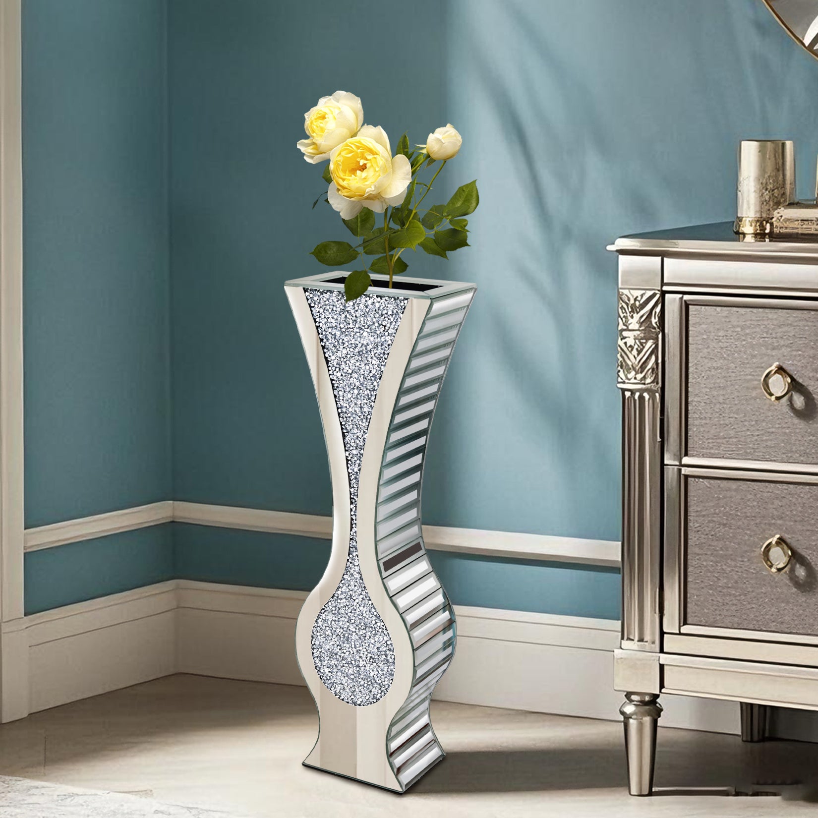 Silver 27” Tall Mirrored Vase Crushed Diamond Floor Vase Pampas Faux Flower Vase