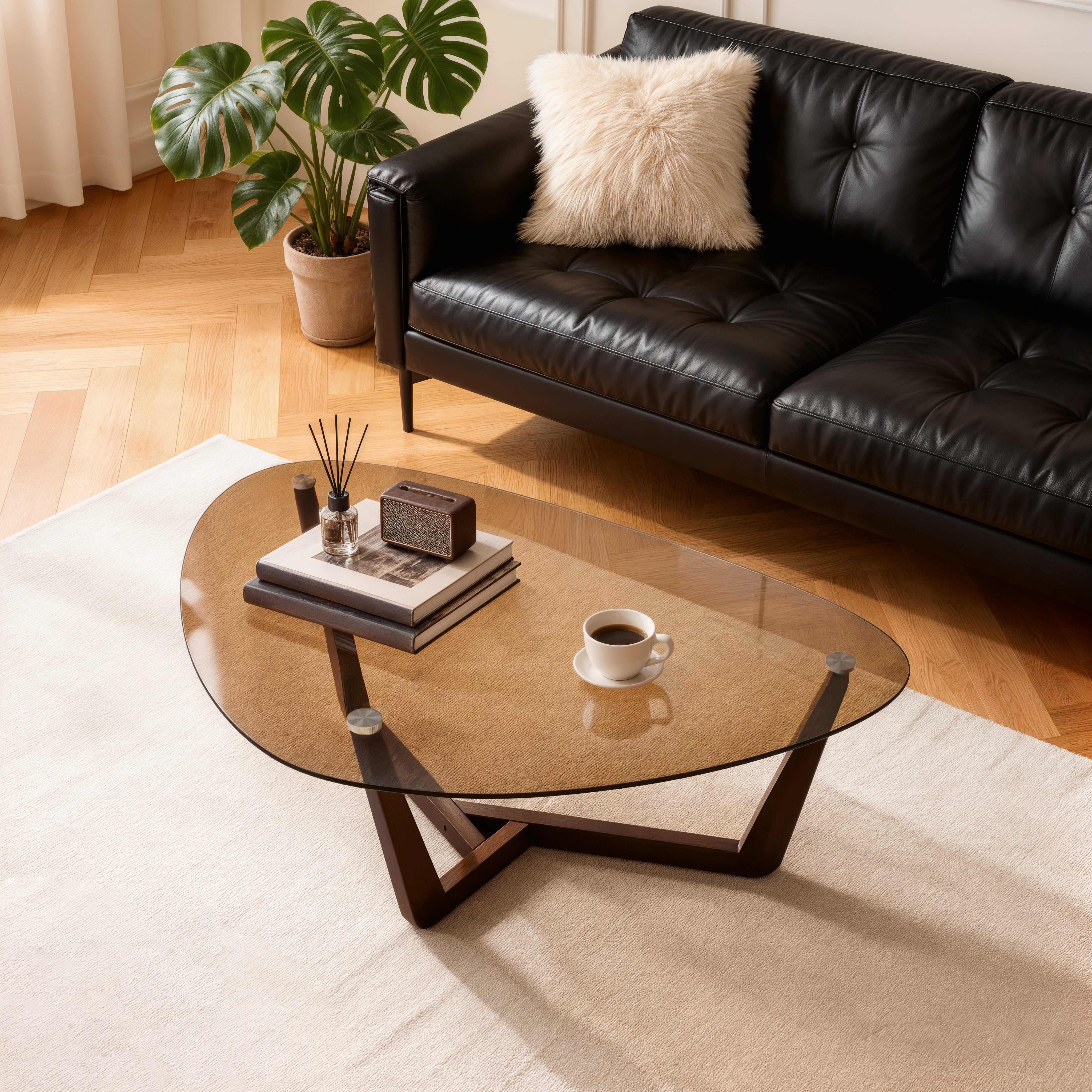 Organic Triangle Glass Center Coffee Table for Living Room, with Amber-Tinted Tempered Glass Tabletop Rubber Wooden Frame